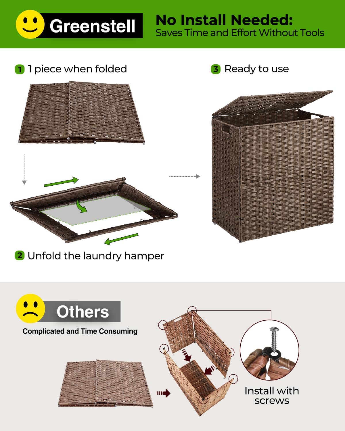 Greenstell Laundry Hamper With Lid, No Install Needed, 90L Wicker Laundry Baskets Foldable 2 Removable Liner Bags, 2 Section Clo