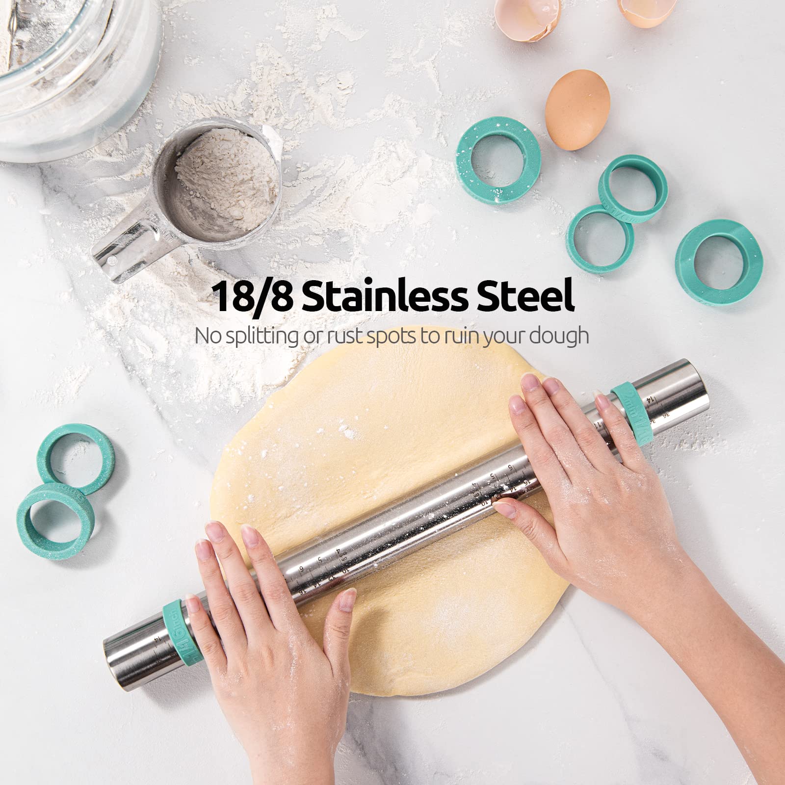 U-Taste 18/8 Stainless Steel 16 Inch Adjustable Rolling Pin With Silicone Removable Thickness Rings, Nonstick Kitchen Roller Pin