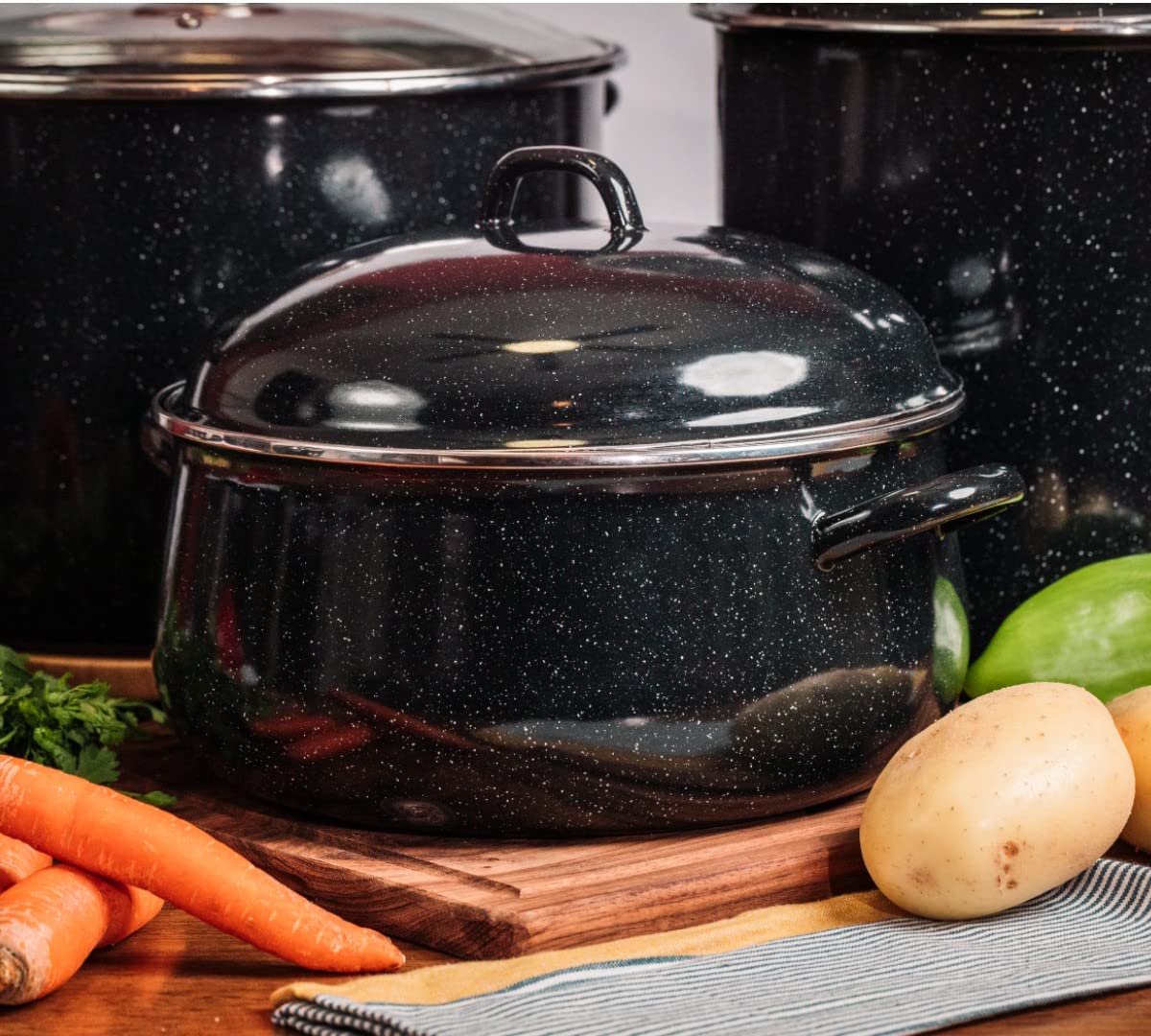 Granite Ware 9.5 Qt Heavy Gauge Dutch Oven With Lid. (Speckled Black) Enamelware. Stainless Steel. Suitable For Cooktops, Oven T