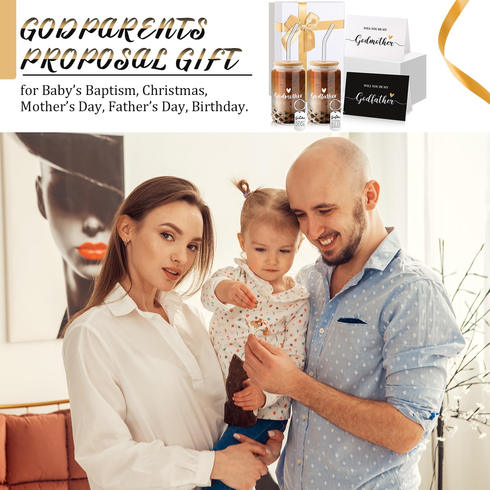 Qinyoung 7 Pcs Christmas Godparents Proposal Gift Will You Be My Godmother Godfather Padrino Madrina with Glass Cup Keychains Ca