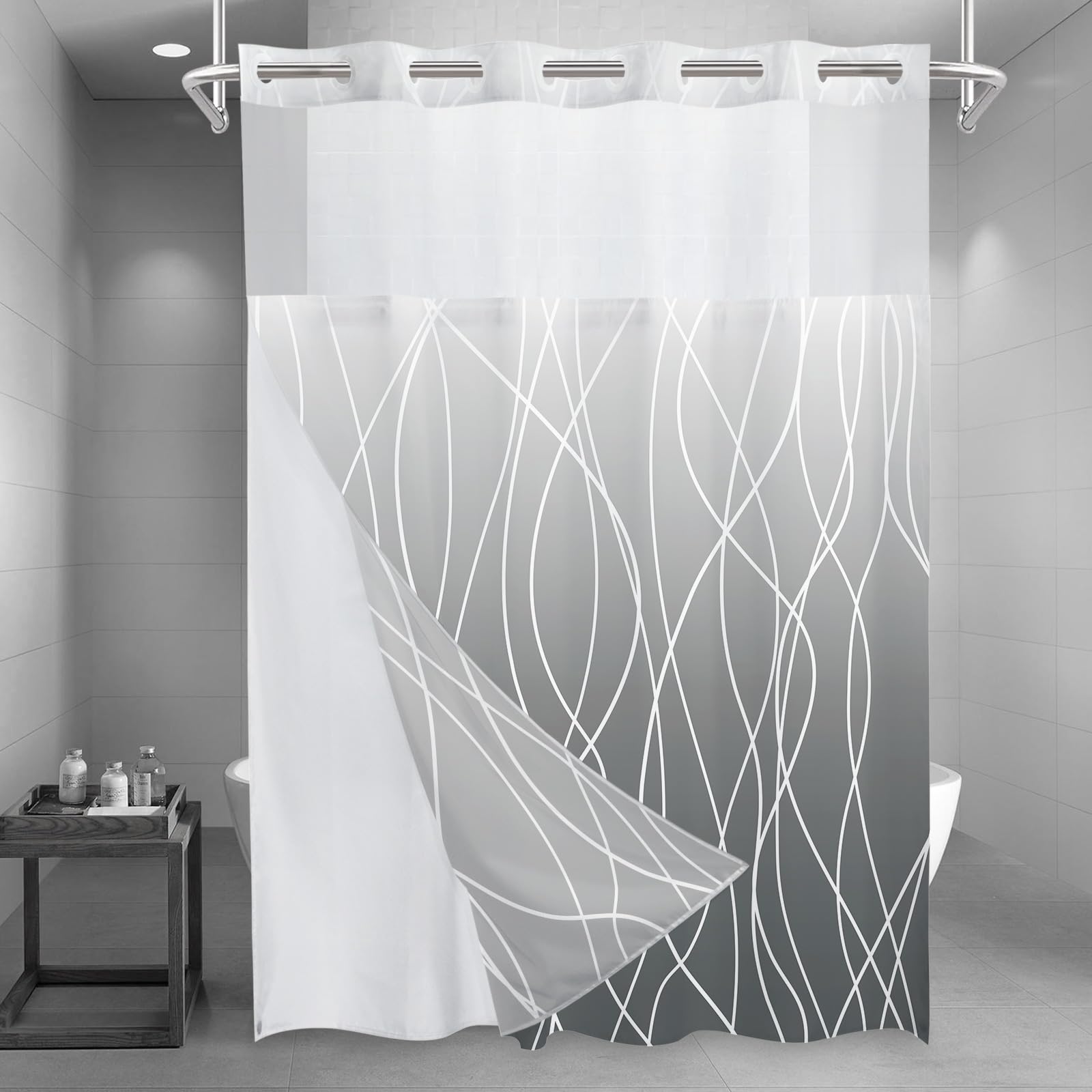Lxbni No Hook Ombre Grey Striped Long Shower Curtain With Snap In Fabric Liner Set - Hotel Shower Curtain And Liner Set With See