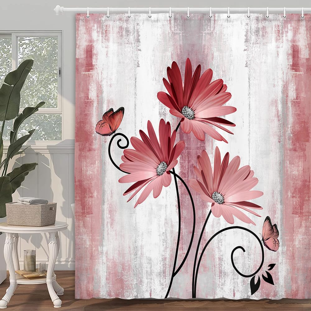 Veivian Rustic Farmhouse Shower Curtain, Farm Red Daisy Floral Flowers And Butterfly On Country Wooden Shower Curtain For Bathro