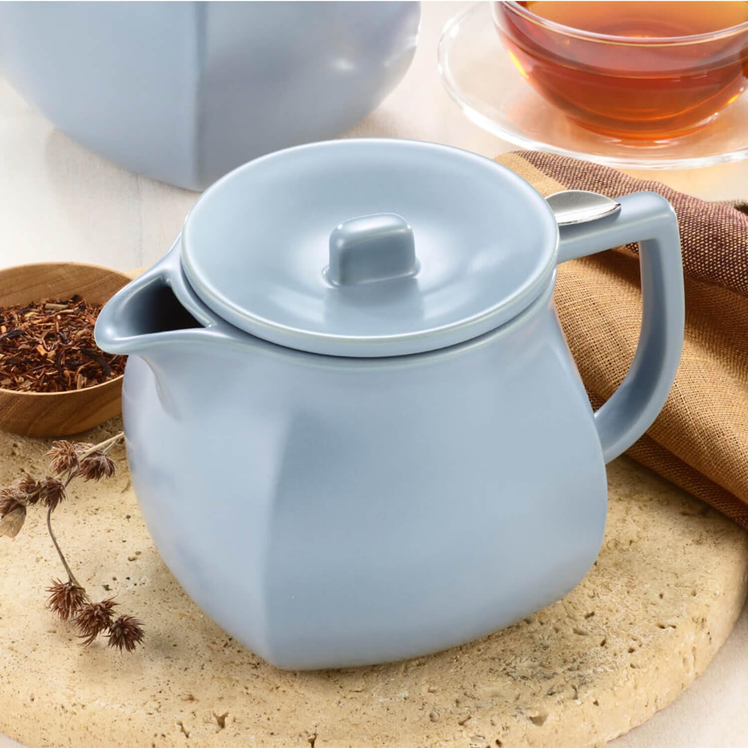 Tea Forte Fiore Ceramic Teapot With Infuser And Lid, Stone Blue, 24 Oz. Ceramic Pot For Steeping Loose Leaf Tea, Dishwasher & Mi