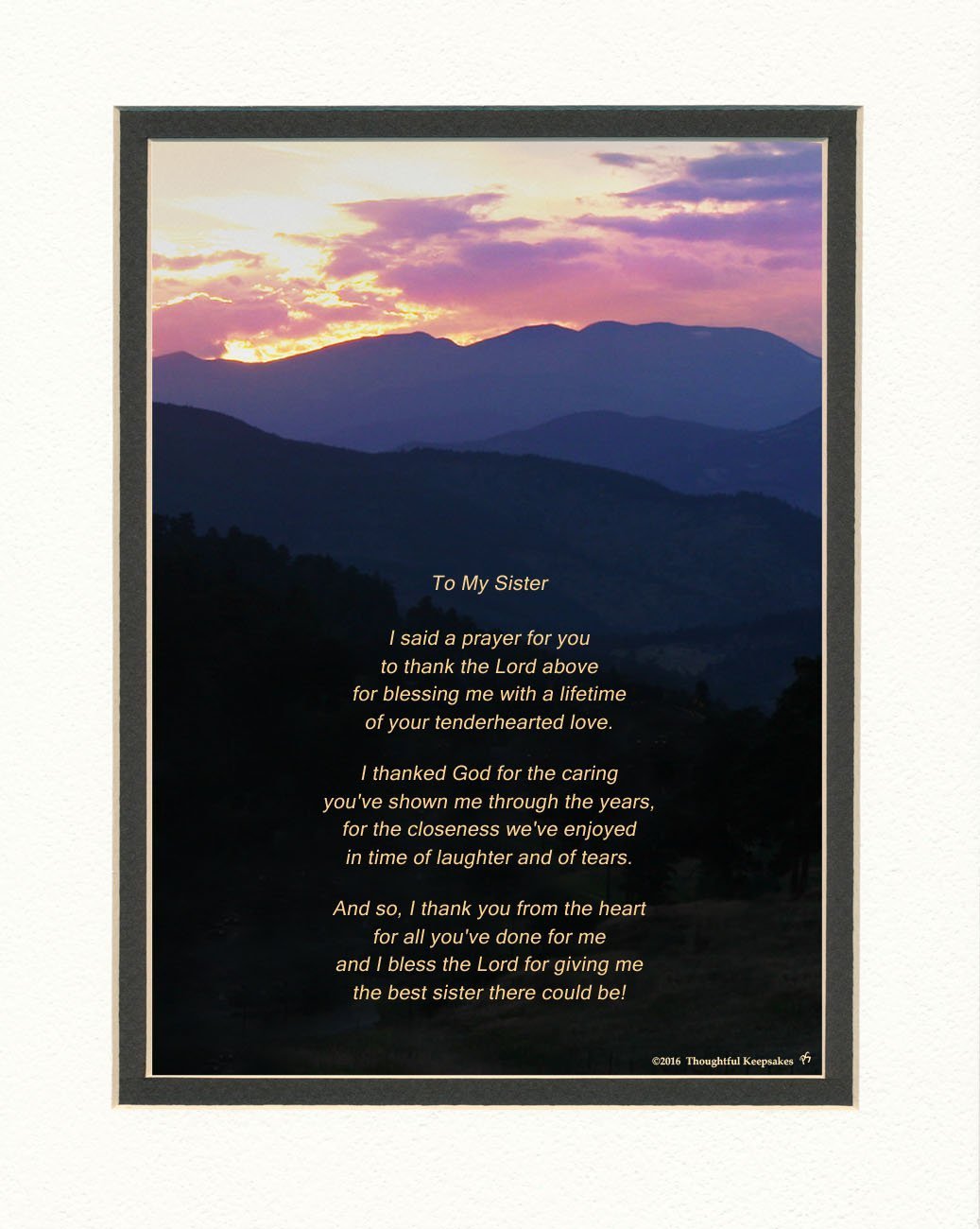 Sister Gift With ''Thank You Prayer For Best Sister'' Poem. Mts Sunset Photo, 8X10 Double Matted. Special Birthday, Christmas Gi