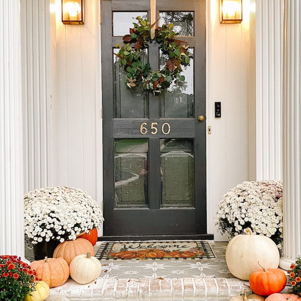 GEEORY Fall Kitchen Mats Set of 2, Striped Pumpkins Bowknot Floor Mat Farmhouse Seasonal Holiday Thanksgiving Decorations 17x29