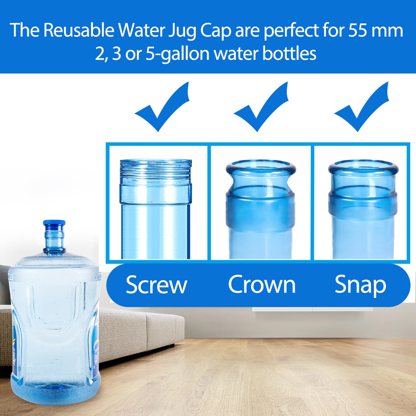 OKLGO 5 Gallon Water Jug Caps - Reusable Silicone Anti-Spill Lids, Blue, 3 Pack
