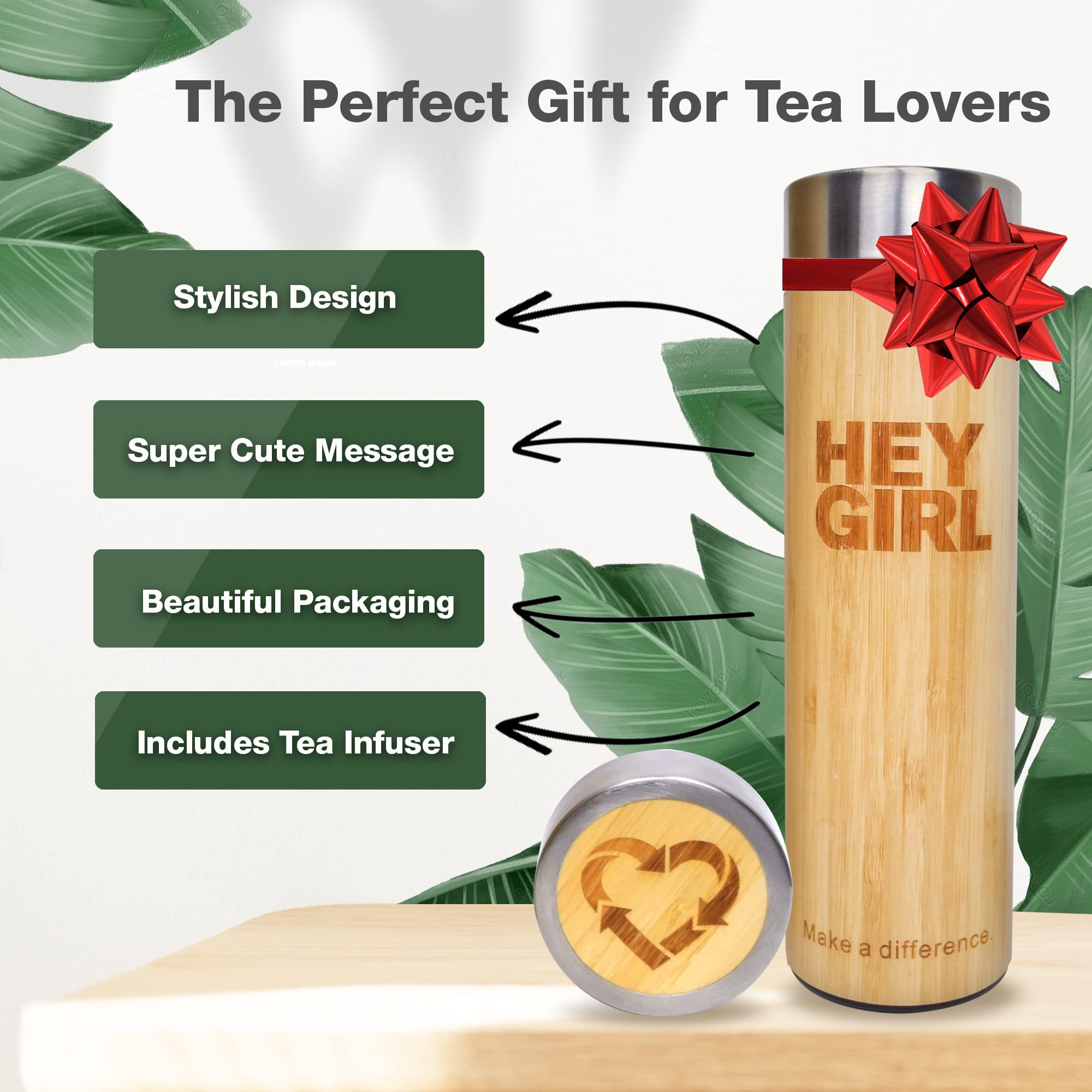 Hey Girl Bamboo Tea Infuser Bottle With Tea Strainer - Insulated Stainless Steel Water Bottle For Loose Leaf Tea & Coffee - Tea