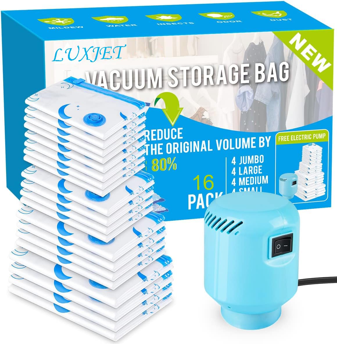 Luxjet Vacuum Storage Bags With Electric Air Pump, 16 Pack (4 Jumbo, 4 Large, 4 Medium, 4 Small) Space Saving Bag For Clothes, M