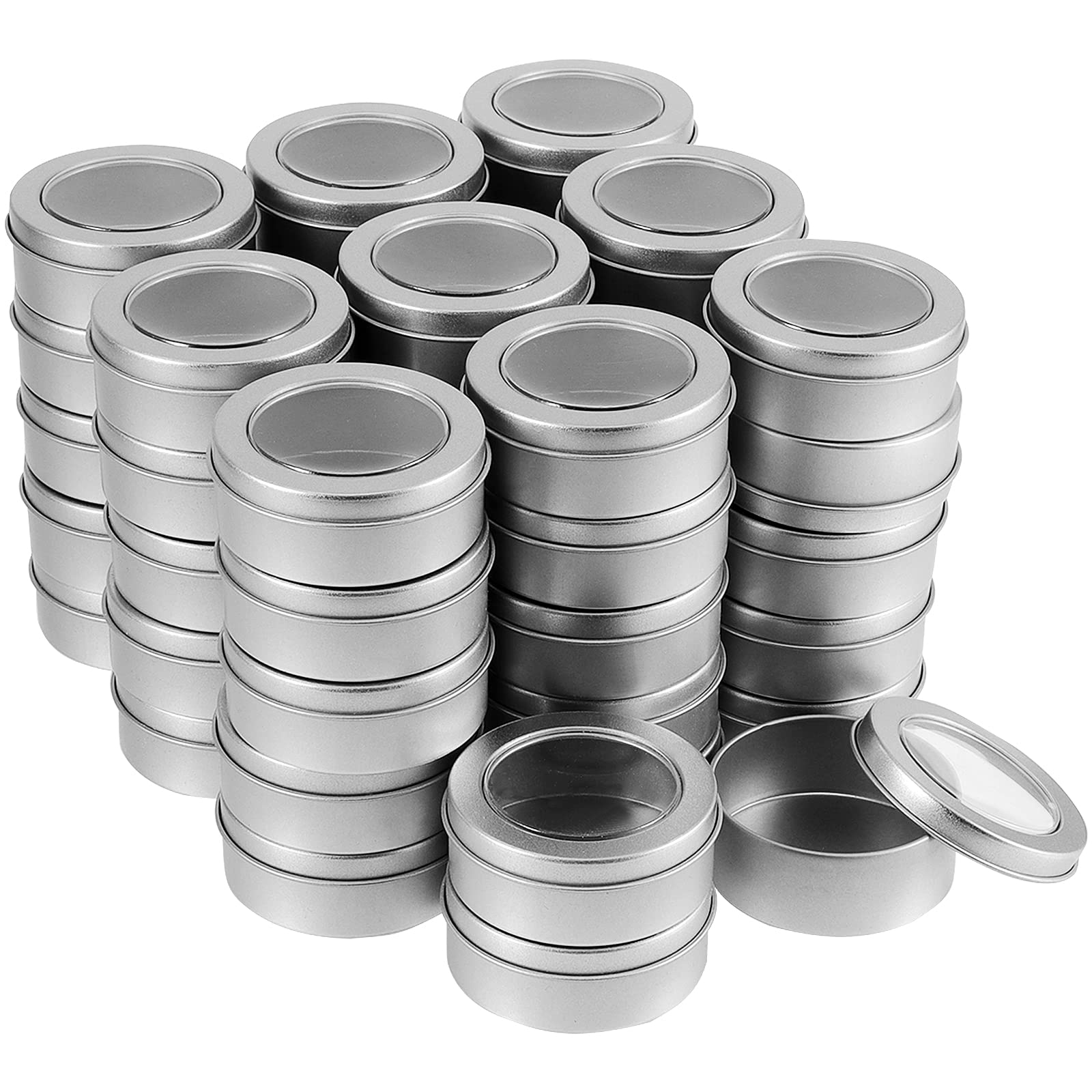 Sheutsan 48 Pack 2 Oz Metal Tins Cans, Round Empty Container Cans With Clear Window Top, Round Tin Container Bottle For Cosmetic