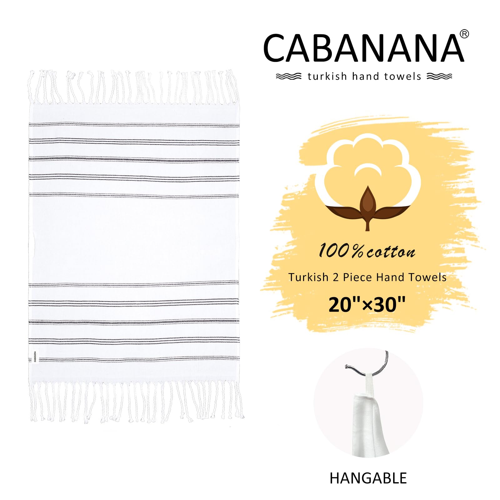 Cabanana Turkish Hand Towels For Bathroom - Set Of 2 Cotton Woven Bathroom Hand Towels With Fringe, Quick Dry Thin Decorative Ki