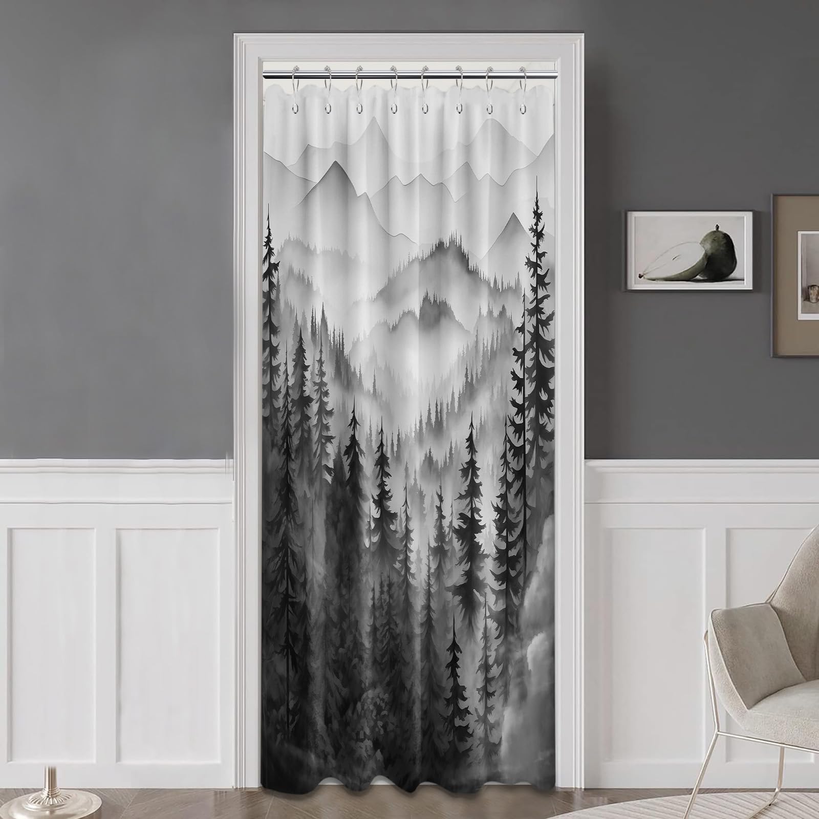 QGHOT Mountain Shower Curtain Black and White Forest Nature Shower Curtains for Mens Bathroom Charcoal Grey Rustic Woodland Pine