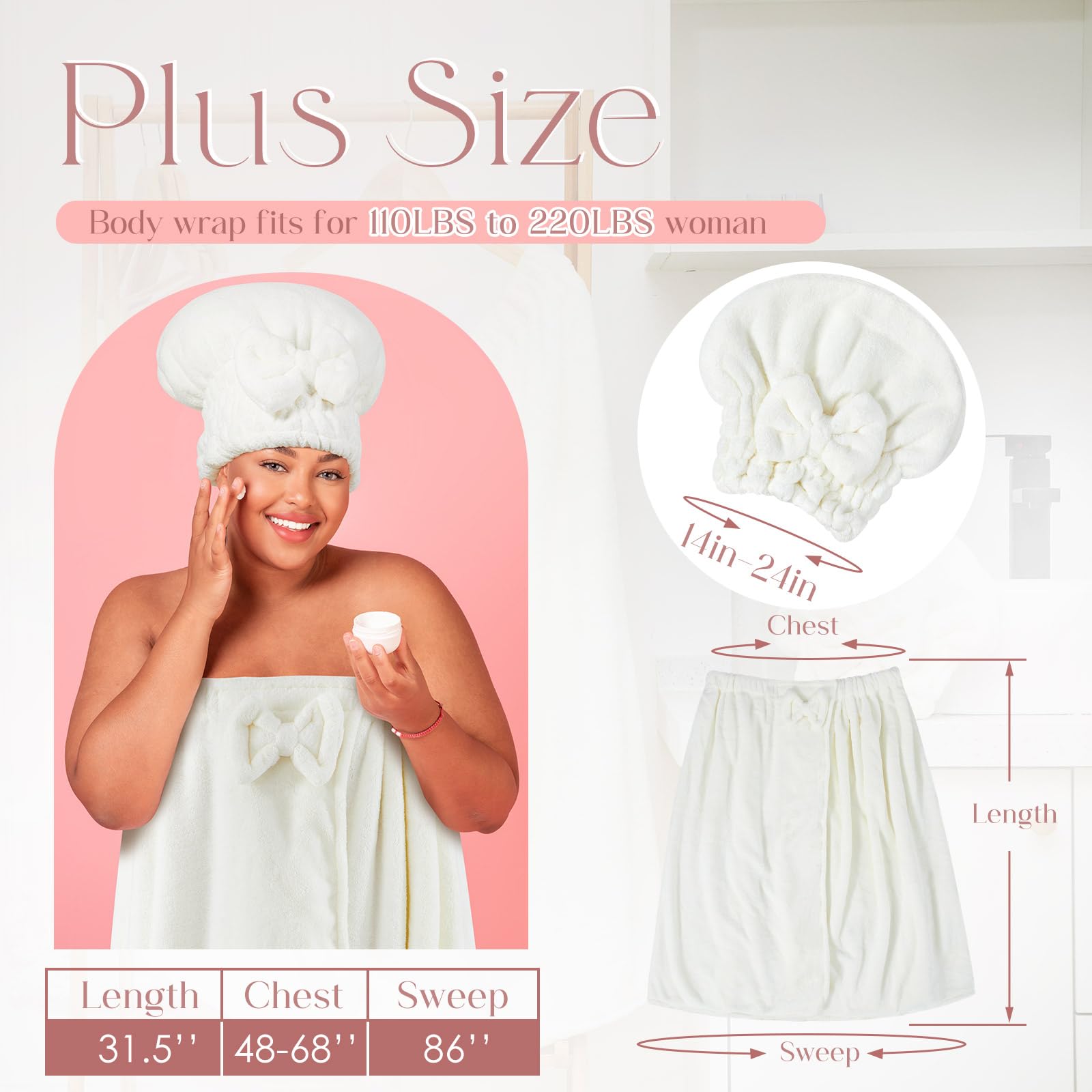 Xtinmee 2 Sets Womens Wrap Towel With Hair Towel Bath Towel Wrap Shower Dress Towel Spa Wraps For Women'S Bathrobe (White, Plus