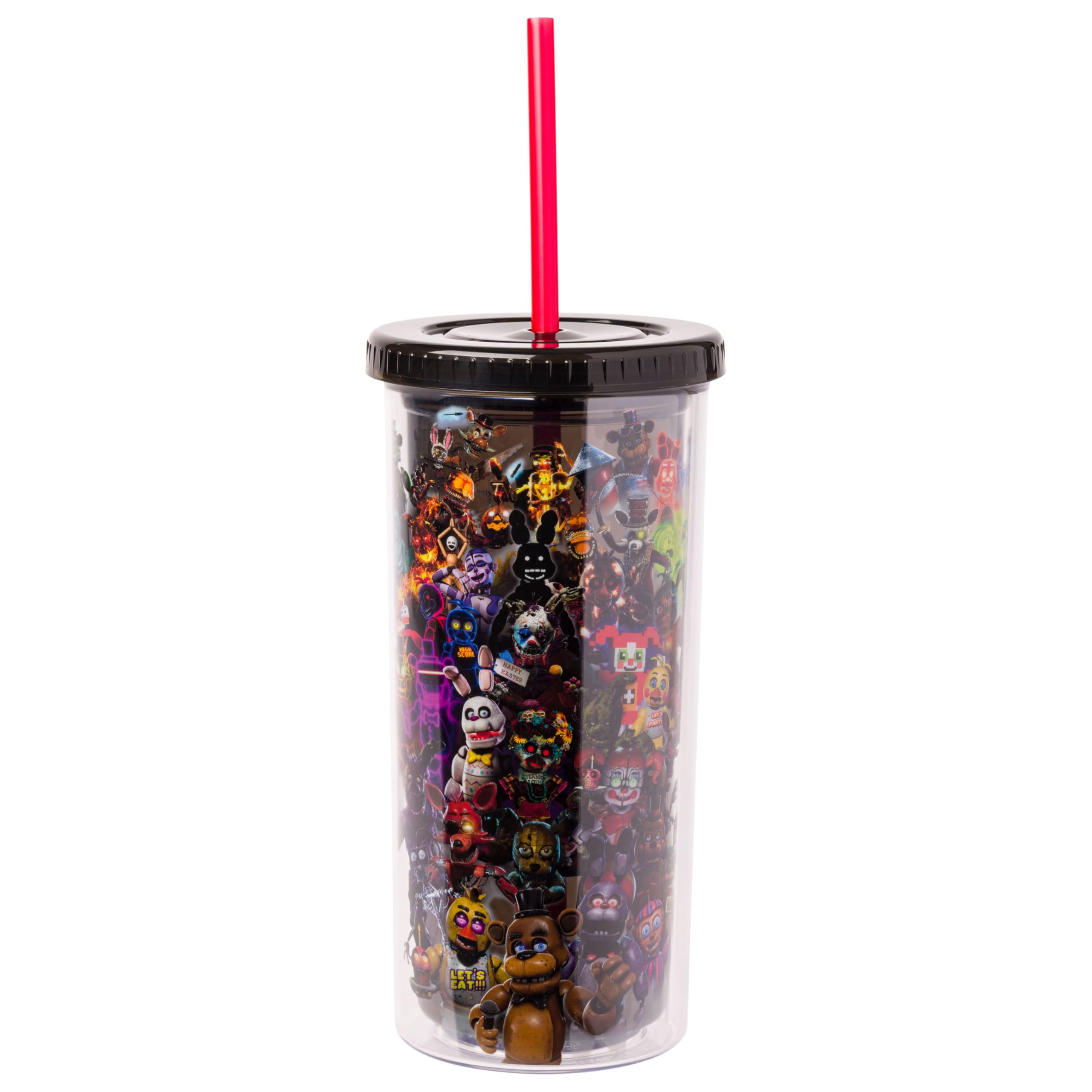 Silver Buffalo Five Nights At Freddys Plastic Tall Cold Cup with Lid and Straw Featuring Freddy Fazbear, Bonnie, Foxy, and Chic