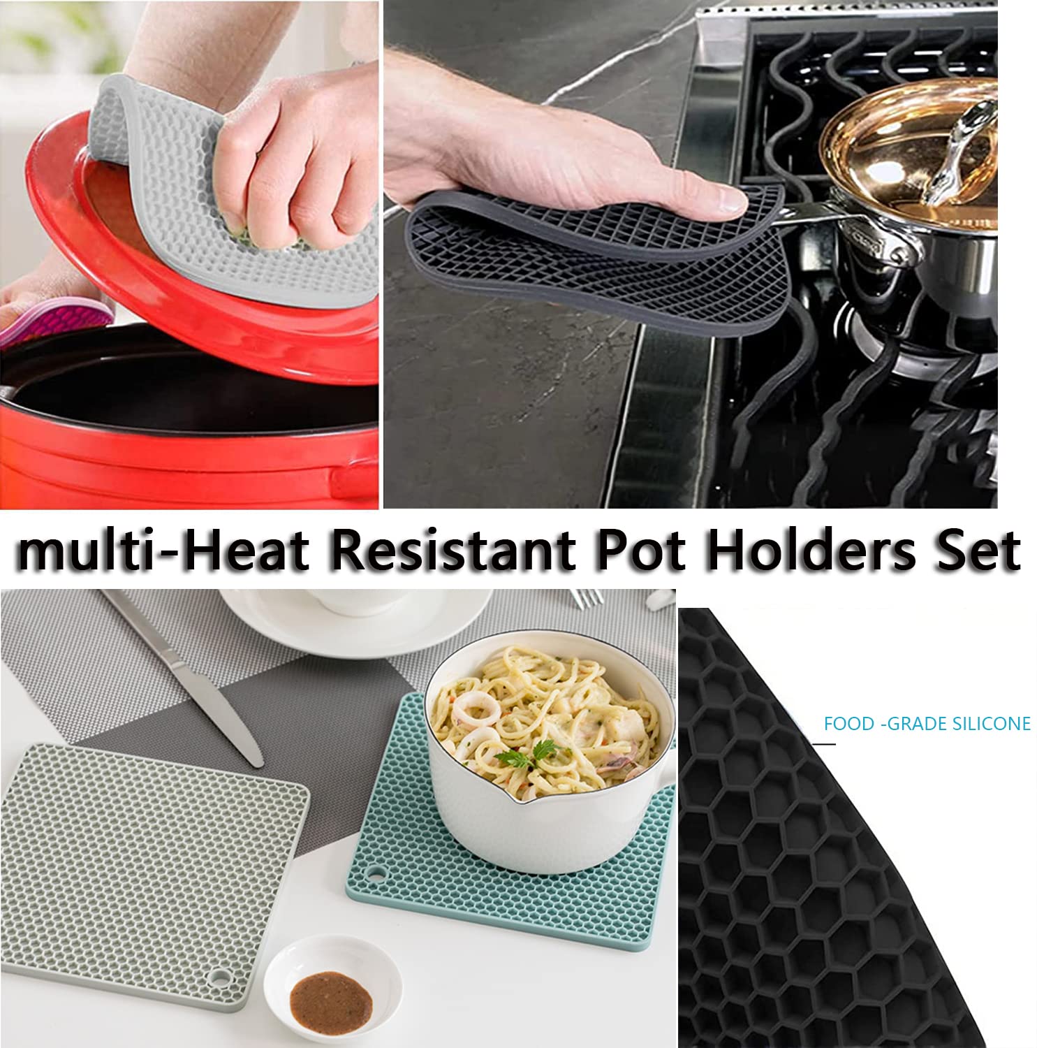 YQMYXG Silicone Trivet Pot Mat - Heat Resistant Gray Pot Holders, 4 Pack (2 Squared + 2 Round) for Kitchen Countertops and Tables