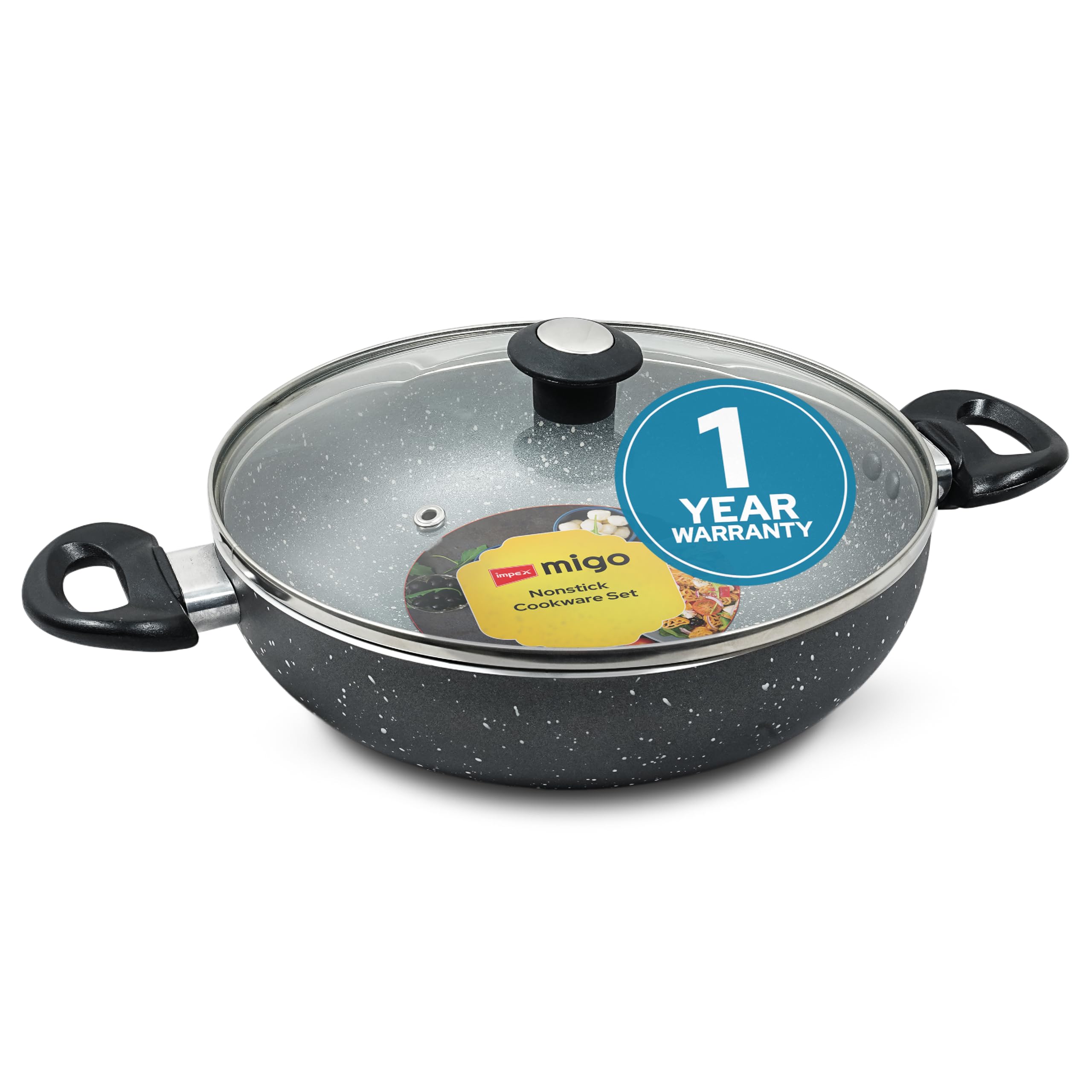 Impex Nonstick Aluminium Kadai Pan With Glass Lid Non Stick Cookware With Induction Base And Heatproof Handles | Pfoa Free | Hea