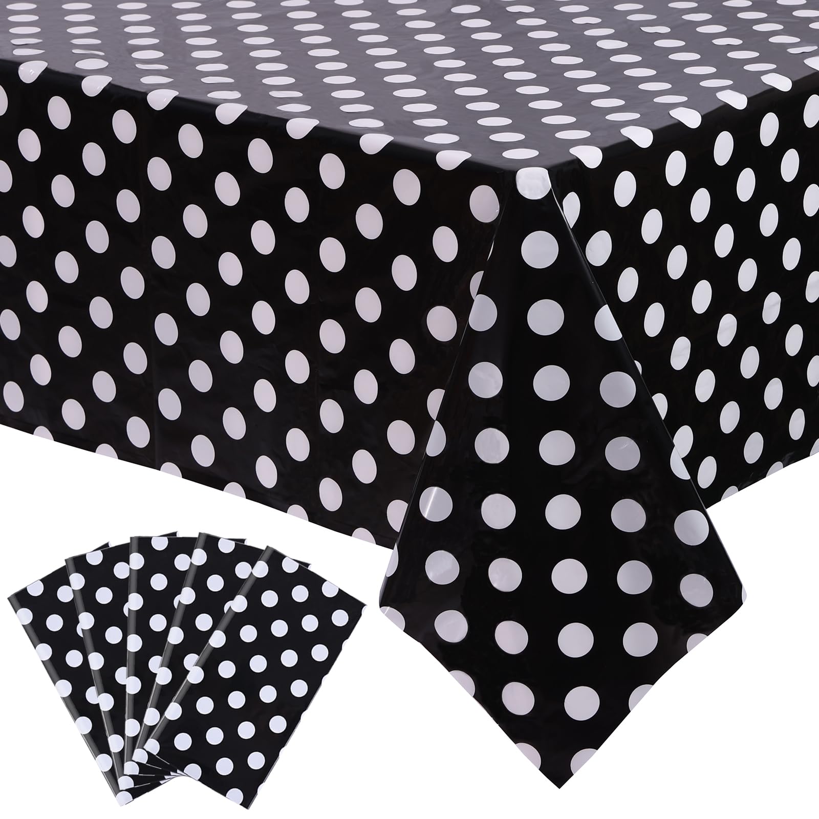 Kesfey 5 Packs Black And White Dots Table Cloth 54X108 Inch Black Polka Dot Mini Mouse Plastic Table Cloth Disposable Black Wate