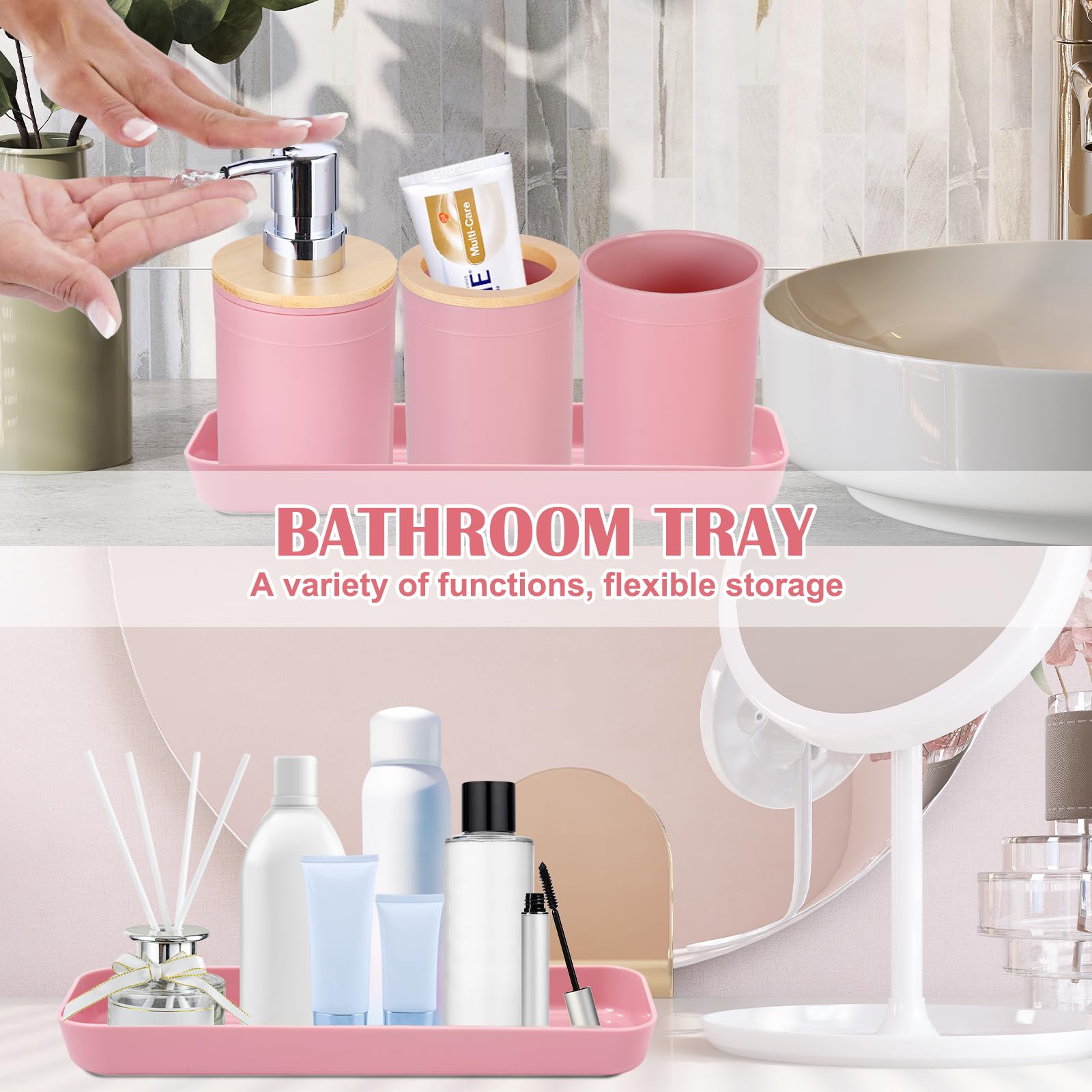 Imucci 9Pcs Pink Bathroom Accessories Set - With Trash Can,Toilet Brush,Toothbrush Holder, Lotion Soap Dispenser, Soap Dish,Toot