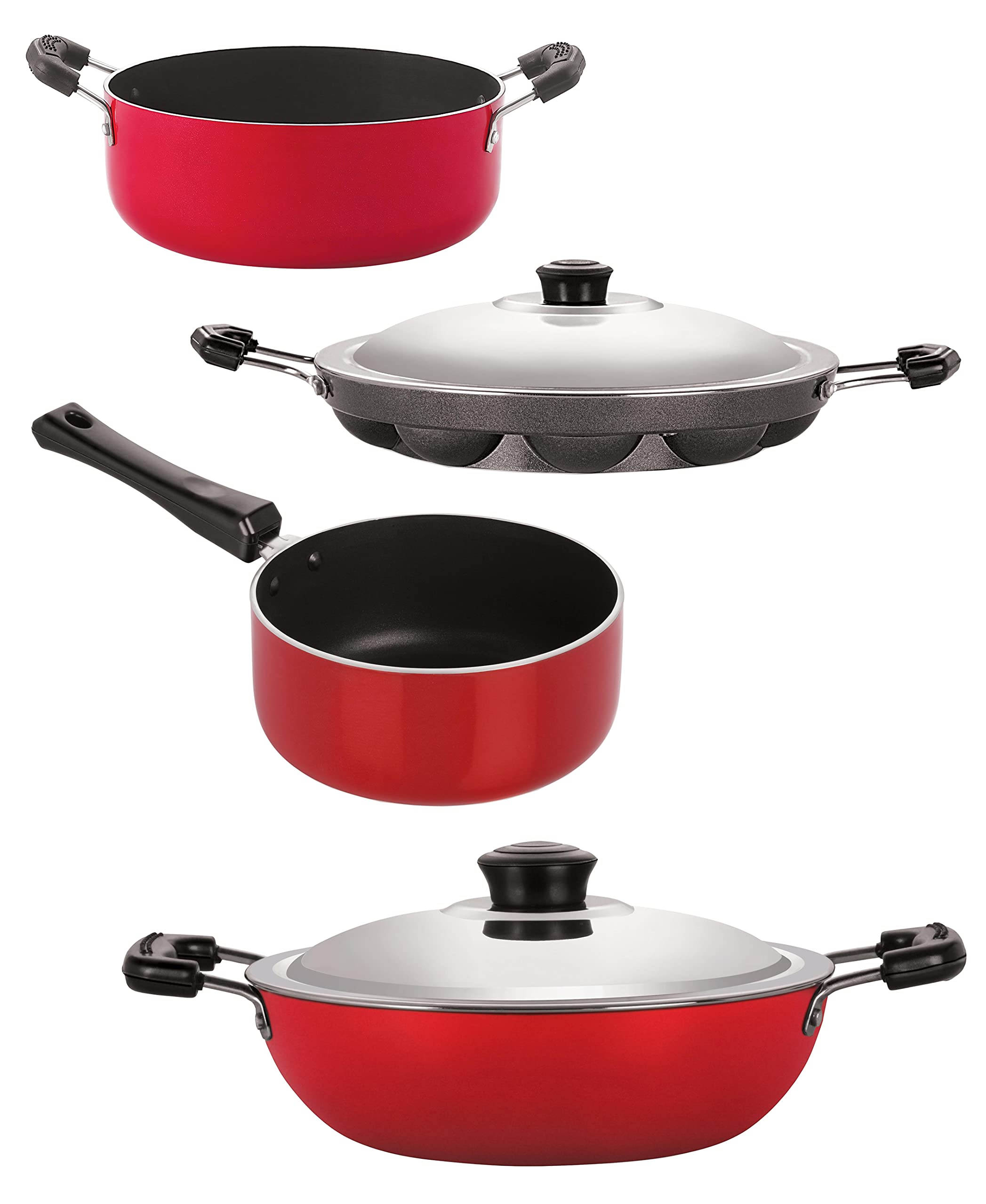 Nirlon Odor Free 3 Layer Non Stick Coating Cookware Gift Item Set Of 4 Pieces With Bakelite Handle (Dkd(M)_Sp(B)_Ap12_Cs24)(Red_
