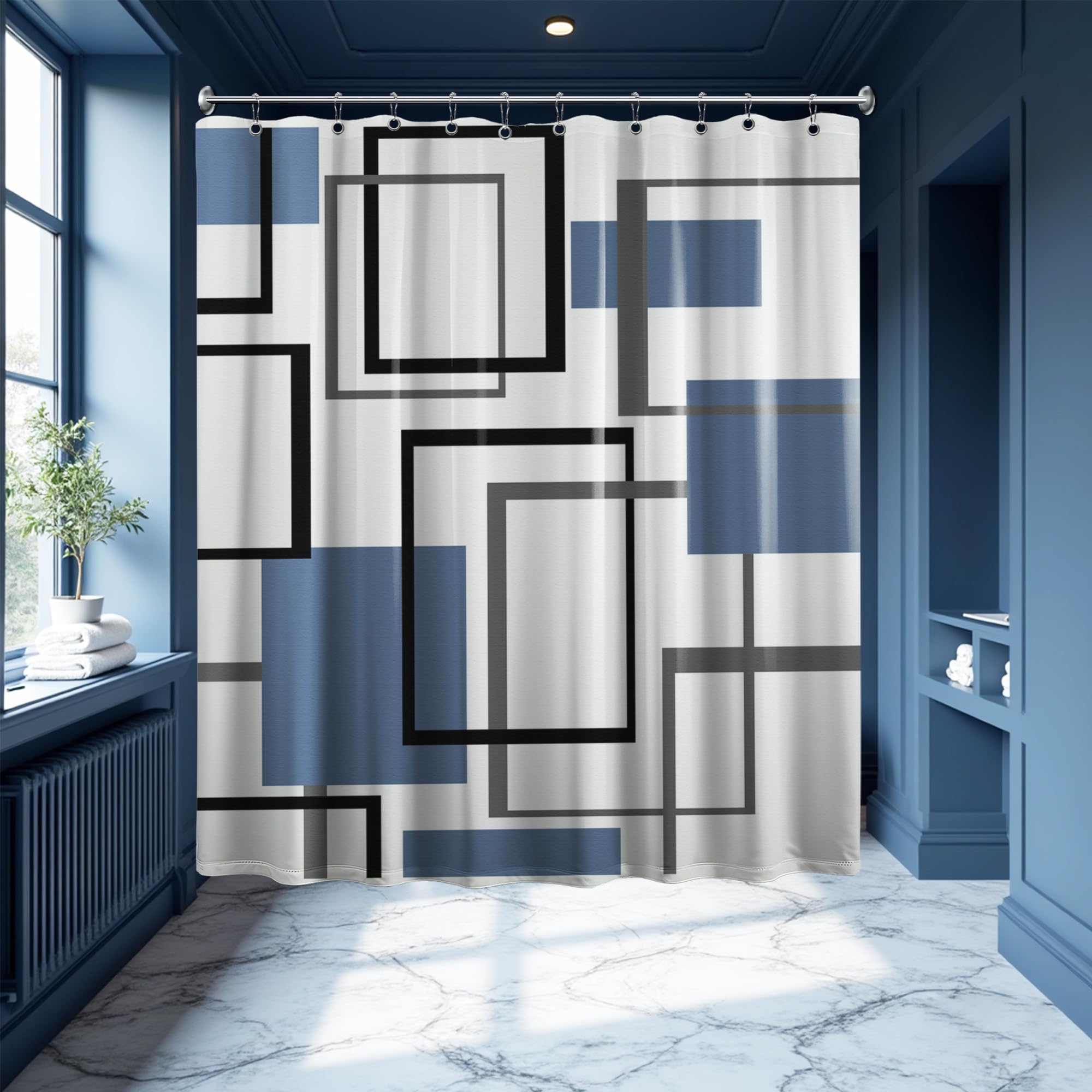 Yieldeer Blue And White Shower Curtain Geometric White And Blue Shower Curtains For Mens Bathroom Decor Bath Curtain Set, Waterp
