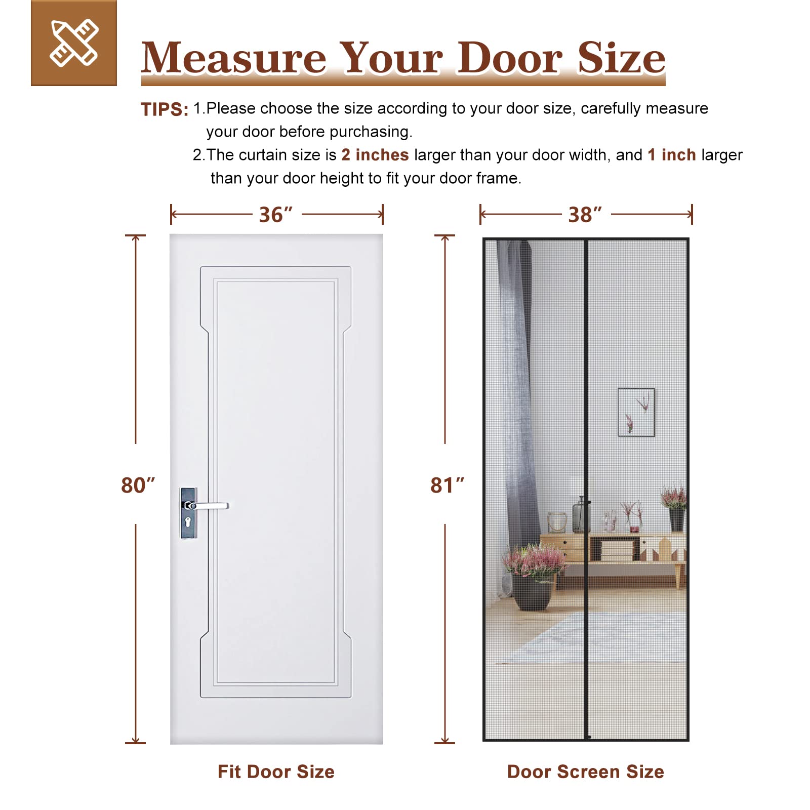 Yotache Door Net Screen With Magnet Fits Door Size 36 X 80, Screen Size 38 X 81 Door Mesh Anti-Tearing Reinforced Screen Door
