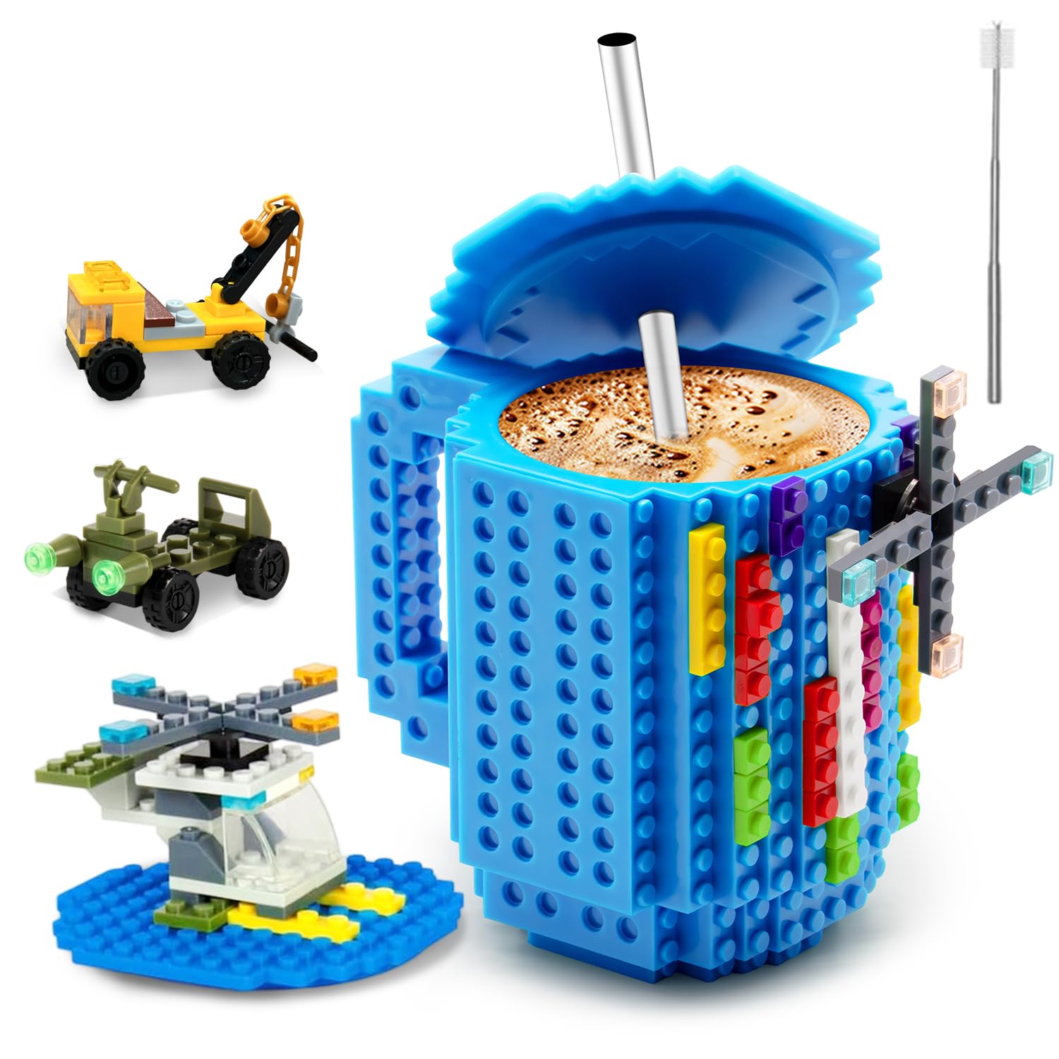 FUBARBAR Brick Coffee Mug - Funny Novelty Cup with Lid & Straw, Building Block Toy Mug, Gift Idea for Men/Women/Kids (Blue)