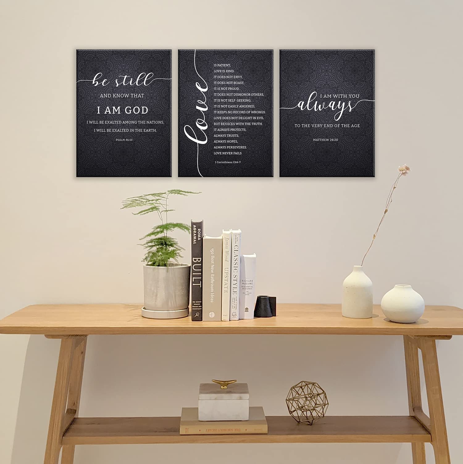 Dazingart Black Bible Verse Wall Art, Large Poster Gallery Set Of 3 Prints, Be Still, Love Is Patient, I Am With You Always, Scr