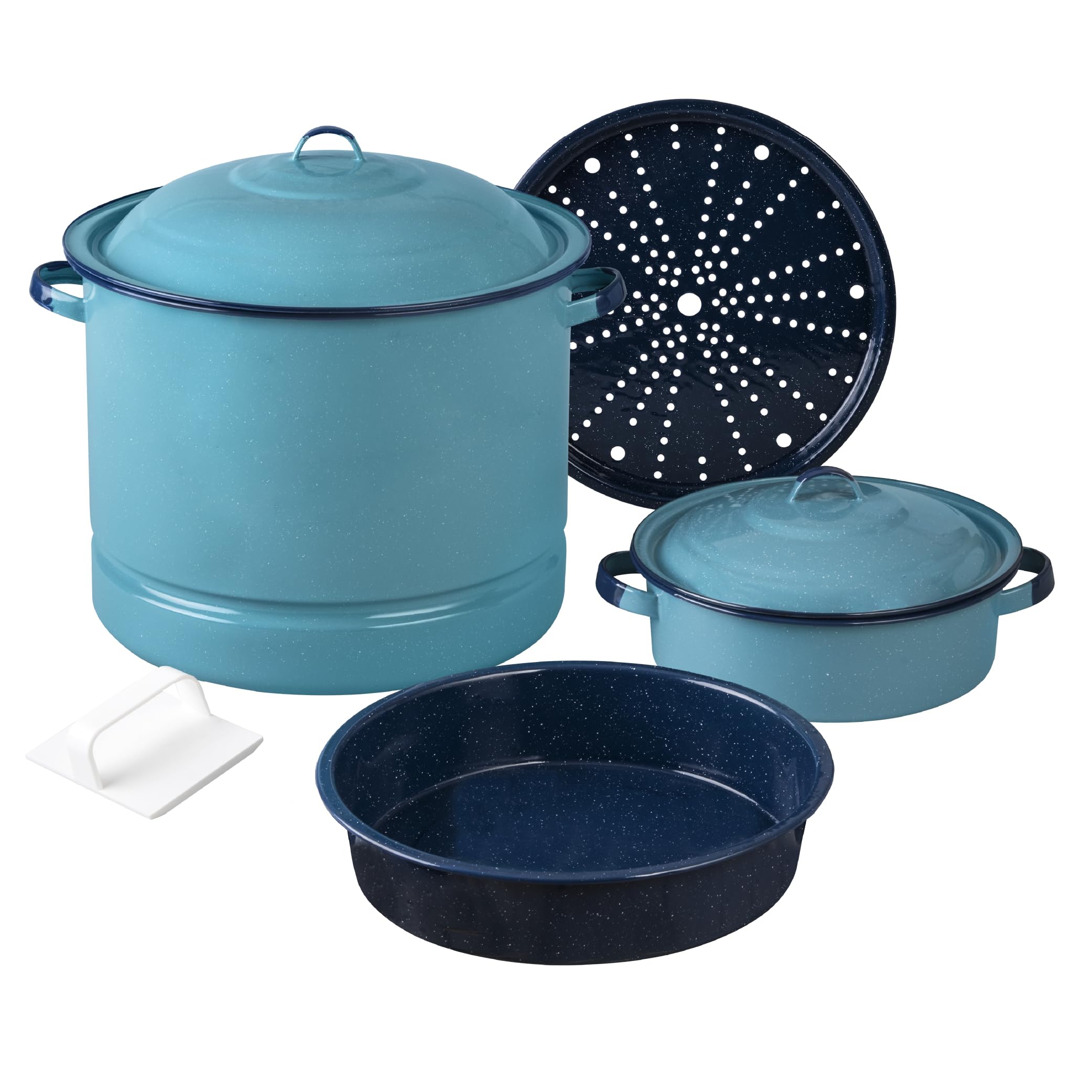 Cinsa 6Piece Enameled Steel Cookware Set with Steamer, Dutch Oven, and MultiUse Dish, Turquoise Blue