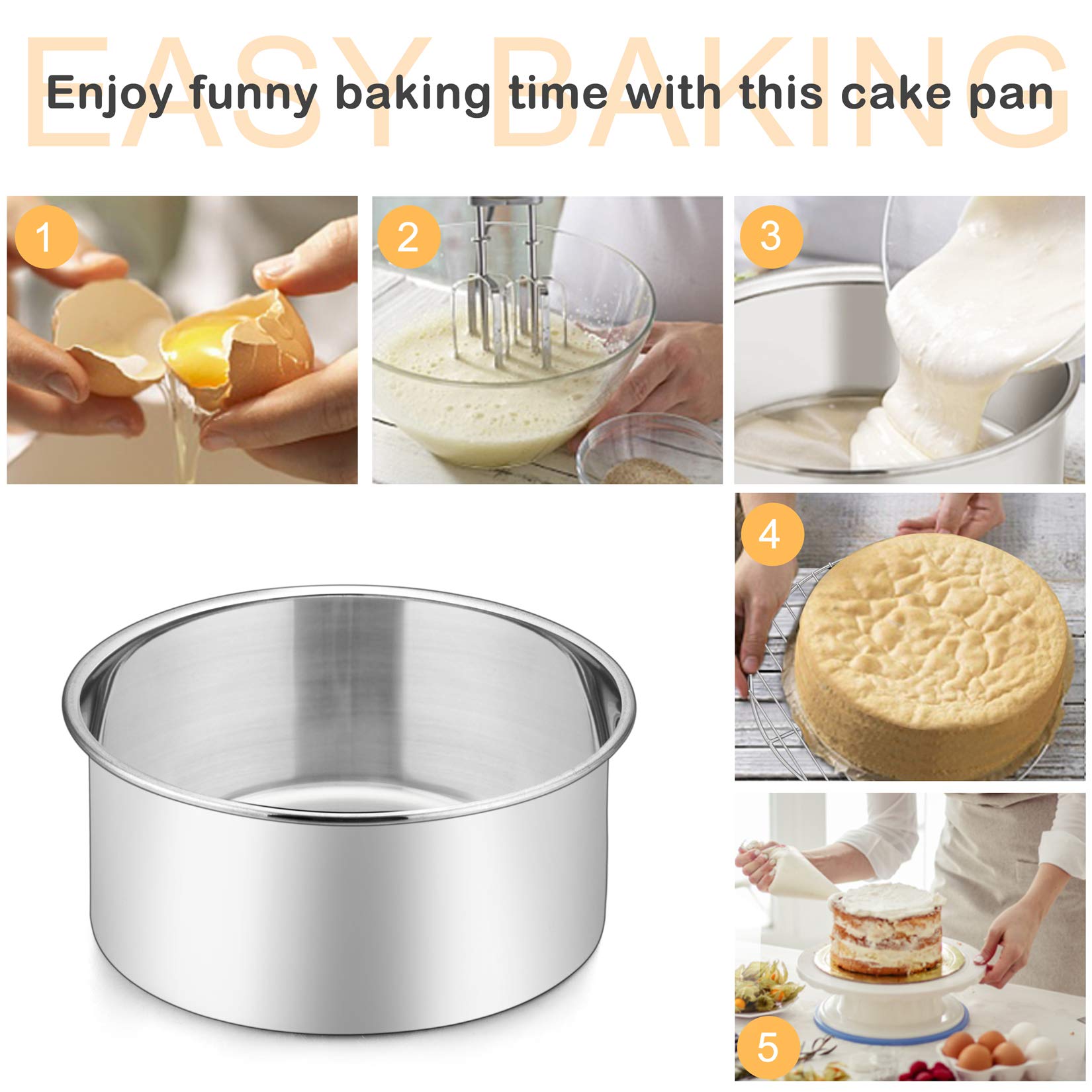 2 Pcs 6 Inch Deep Cake Pan Set  P&P CHEF 6'' x 2.95'' Stainless Steel Round Baking Pans  for Birthday Wedding Christmas  Non Toxic & Healthy  One-piece Construction & Deep Side  Oven & Dishwasher Safe