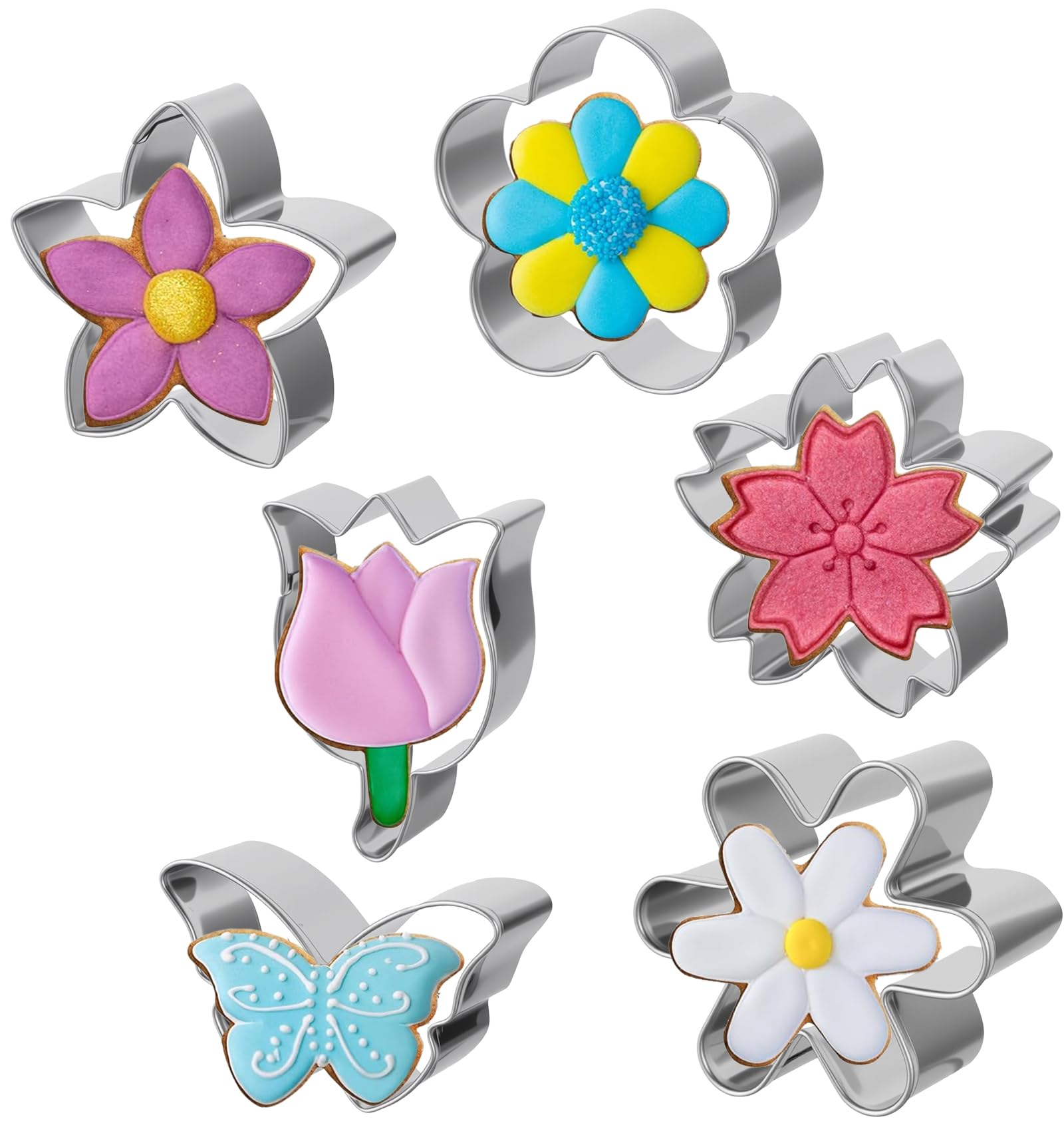 6PCS Flower Cookie Cutters, 3 Inch Stainless Steel Cookie Cutter Set with Daisy, Tulip & Butterfly Shapes, Baking Tools for Suga