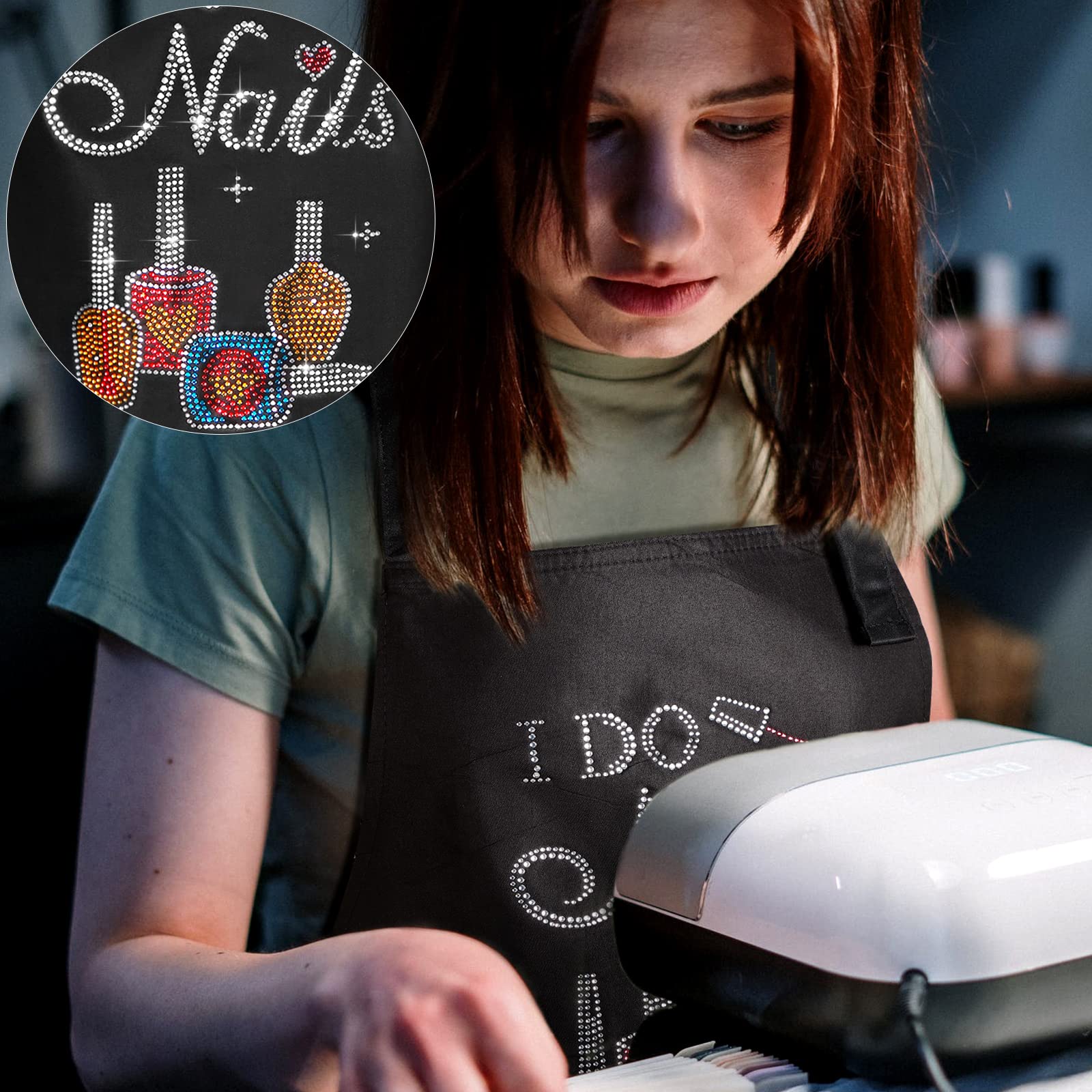 Satinior Christmas I Do Nails Nail Tech Cosmetology Apron With Colorful Rhinestone 2 Pieces Waterproof Nail Apron (Hot Drilling