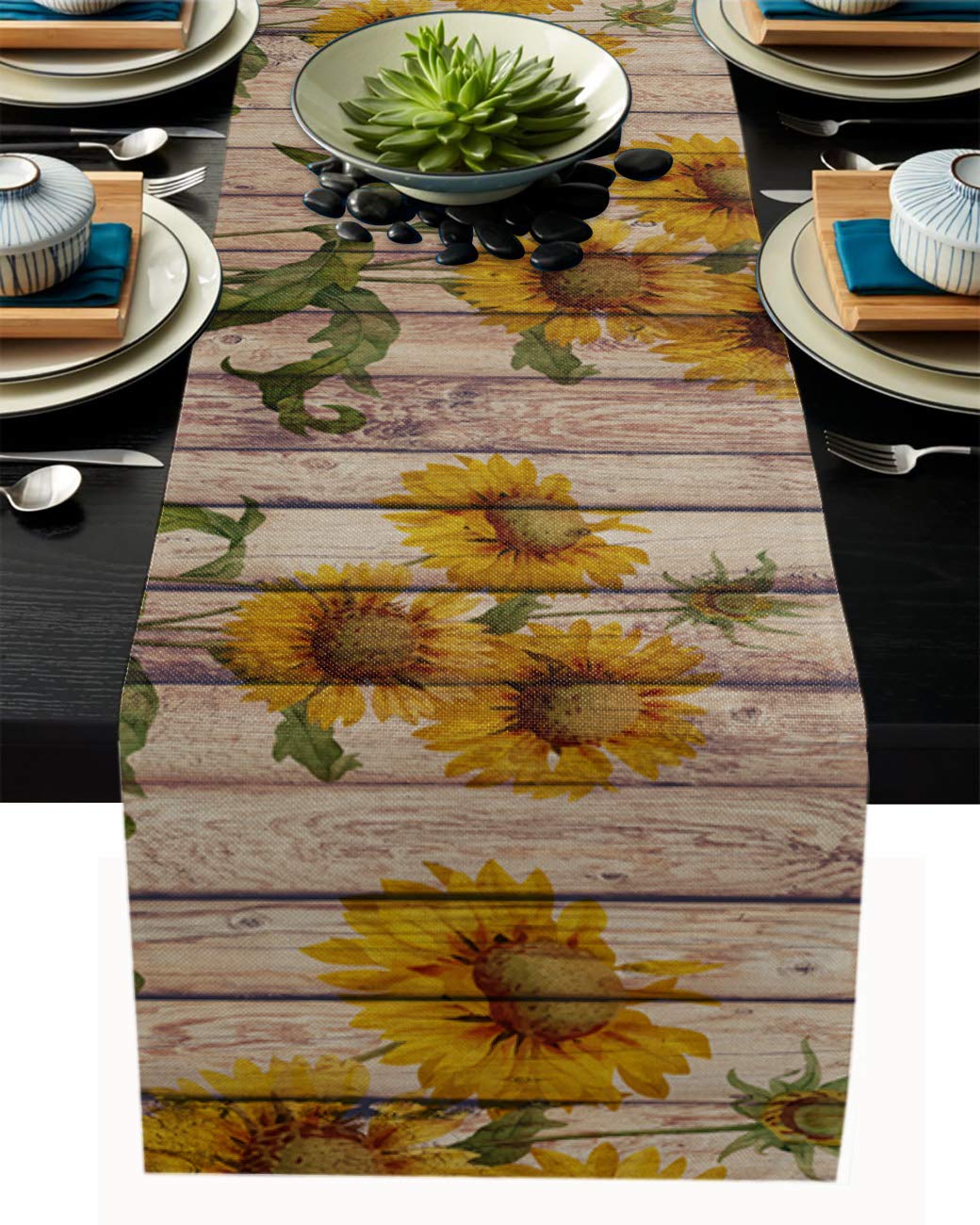 Sunflowers Rustic Table Runner-Cotton Linen-Small 36 Inche Dresser Scarves,Farmhouse Tablerunner For Kitchen Coffee/Dining/Sofa/