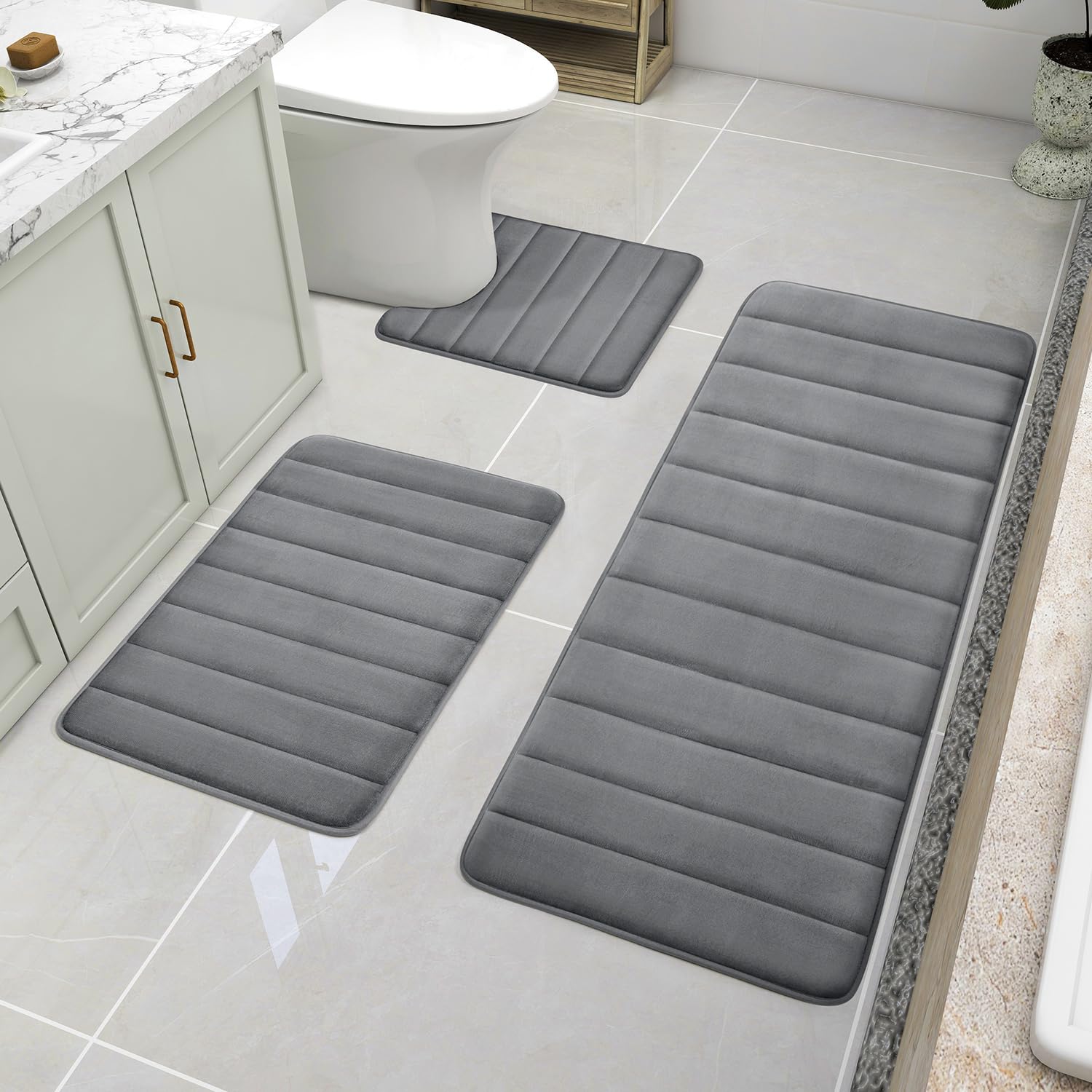 Bysure Dark Grey Memory Foam Bathroom Rug Set 3 Piece, Non Slip Extra Soft Absorbent Bath Mats, Machine Washable & Dry Toilet Ma