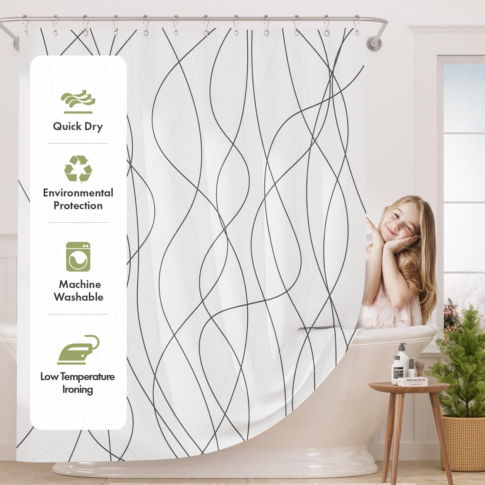 AmazerBath Shower Curtain Sets  Rustic Abstract Black Striped Cloth Shower Curtain with 12 Metal Shower Curtain Hooks  Luxury Washable Farmhouse Fabric Shower Curtains for Bathroom Decor  72x72 Inches