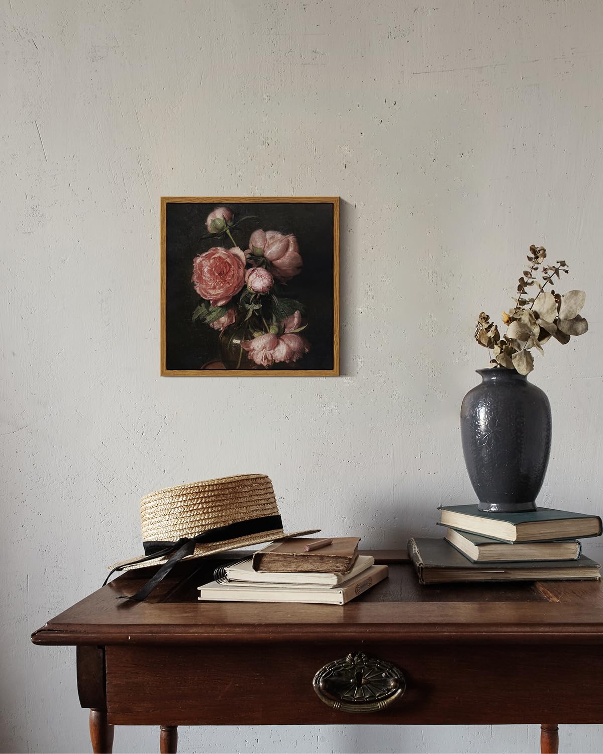 Insimsea Square Framed Canvas Wall Art, Vintage Peony Flower Paintings, Floral Wall Pictures For Bedroom Bathroom Living Room, C