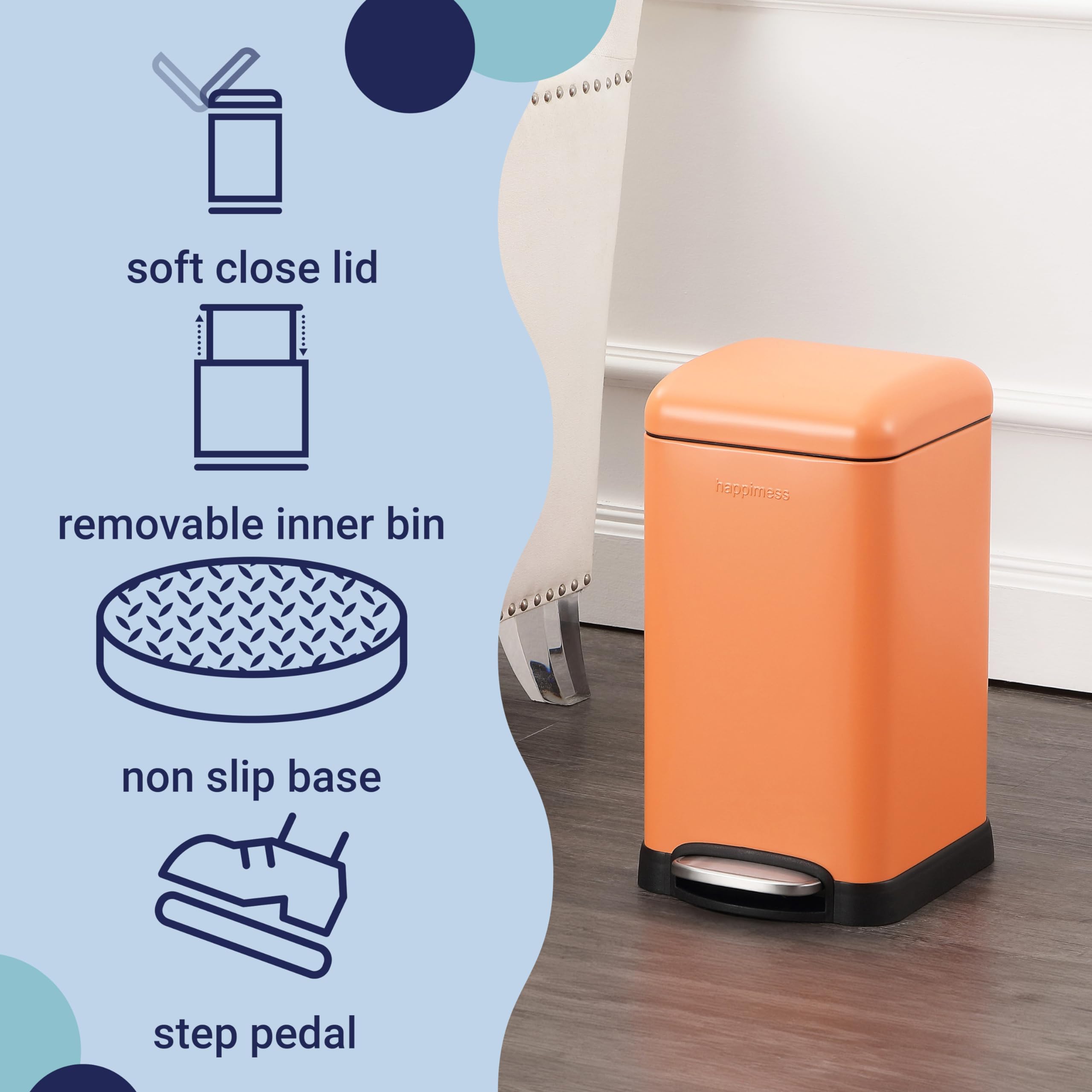 Happimess Hpm1012K Betty Retro Mini 3.2-Gallon Step-Open Trash Can, Carrot Cake,With Soft-Close Lid, Fingerprint Resistant, Mode