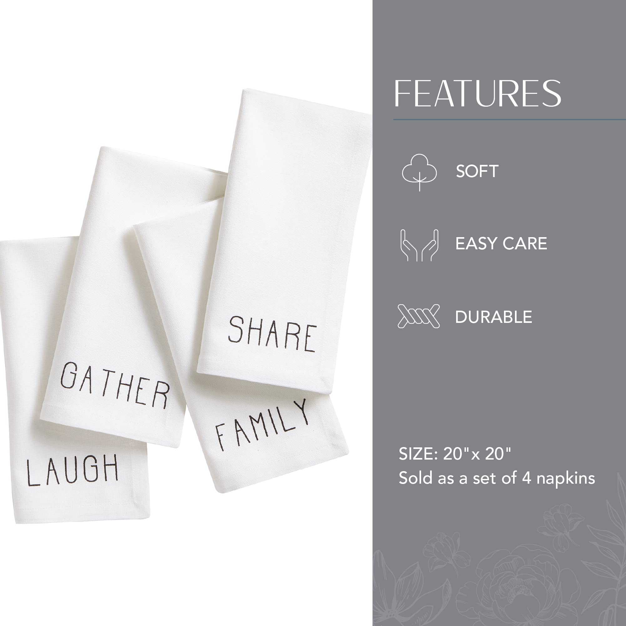 Elrene Home Fashions Farmhouse Living Sentiments Napkins, 20'' X 20'' (Set Of 4), Black/White 4