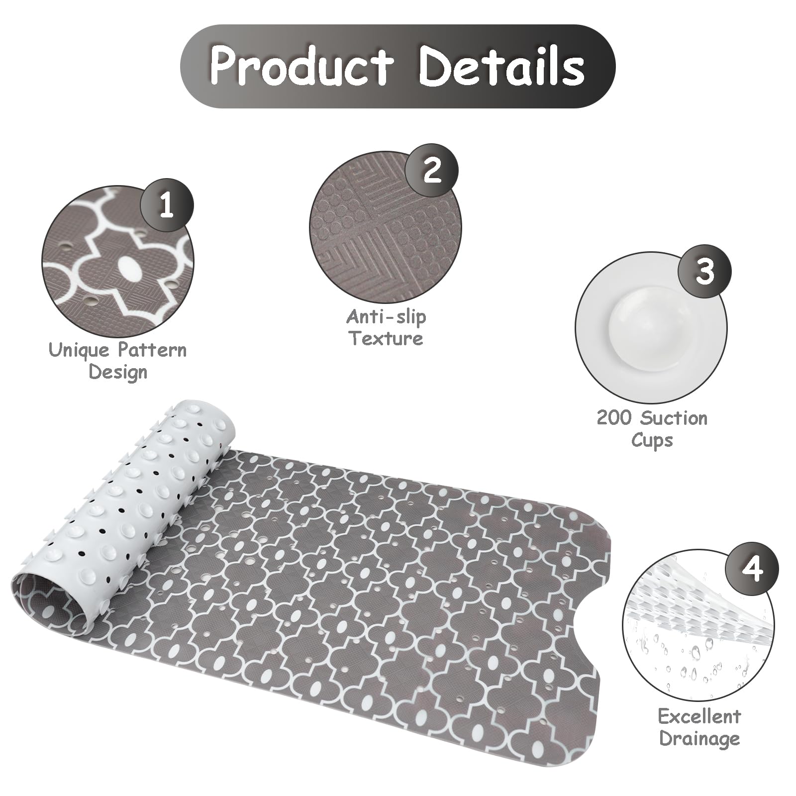 Bathtub Mat Non Slip, Grey Extra Long Bath Tub Mat Shower Floor Mat With Suction Cups And Drain Holes For Adults Kids Elderly 40