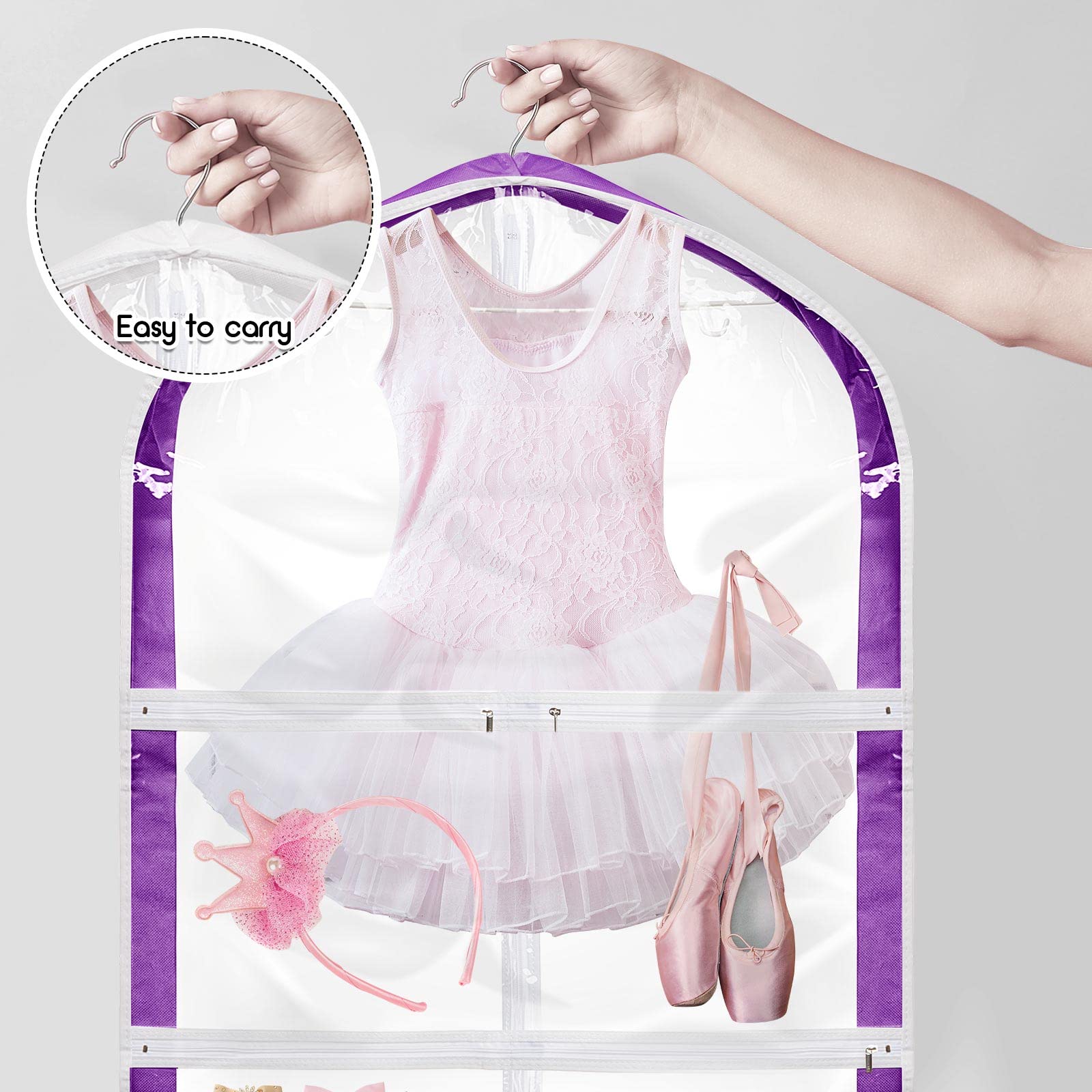 Amlove 3 Pack Clear Kids Dance Costume Garment Bag Garment Bags For Hanging Clothes, Pvc Dance Costume Bags With Garment Rack Da