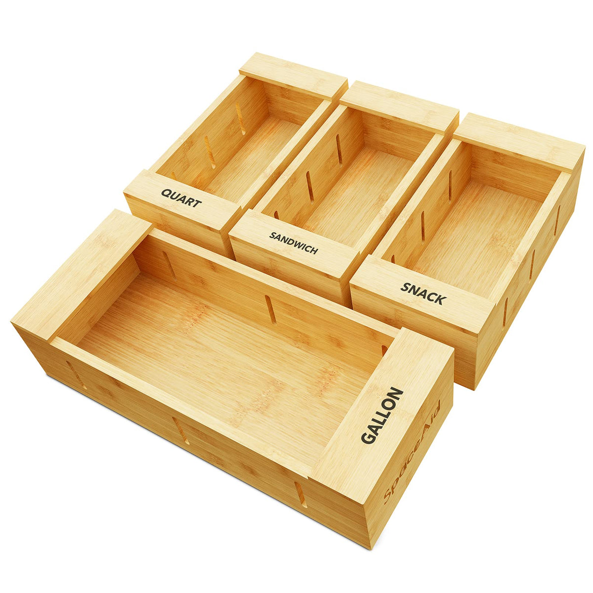 Spaceaid Bag Storage Organizer For Kitchen Drawer, Bamboo Organizer, Compatible With Gallon, Quart, Sandwich And Snack Variety S