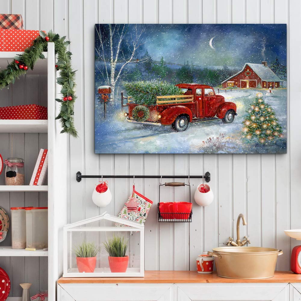 Renditions Gallery Canvas Nature Wall Art Paintings & Prints Serene Snowy Christmas Red Barn Modern Festival Glam Wall Hanging A