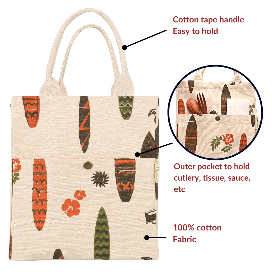 Earthsave Insulated Lunch Bag For Office Women & Men (Orange & White) | Eco-Friendly Canvas Tiffin Bags For School, Cotton Draws