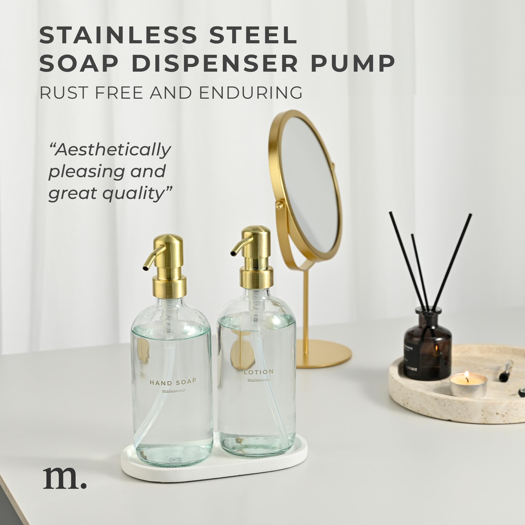 Maisonovo Hand Soap And Lotion Dispenser Set - 16.9 Fl Oz Clear Soap Dispenser Glass With Gold Pump Set Of 2 And Oval Concrete T