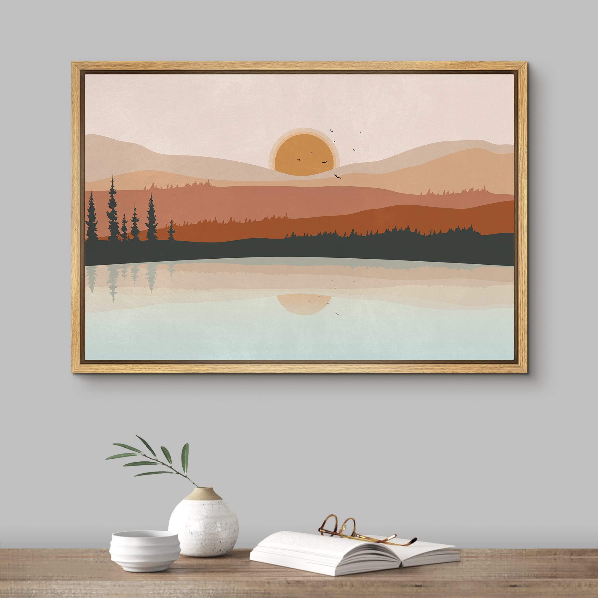 Signford Framed Canvas Print Wall Art Pastel Mountain Forest Range Lake Reflection Nature Wilderness Illustrations Modern Art Ze