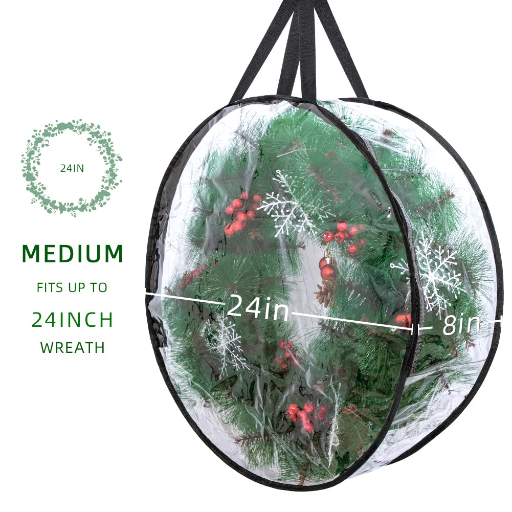 2-Pack Christmas Wreath Storage Container 24'', Clear Wreath Storage Bags With Dual Zippers For Xmas Seasonal Thanksgiving Holid
