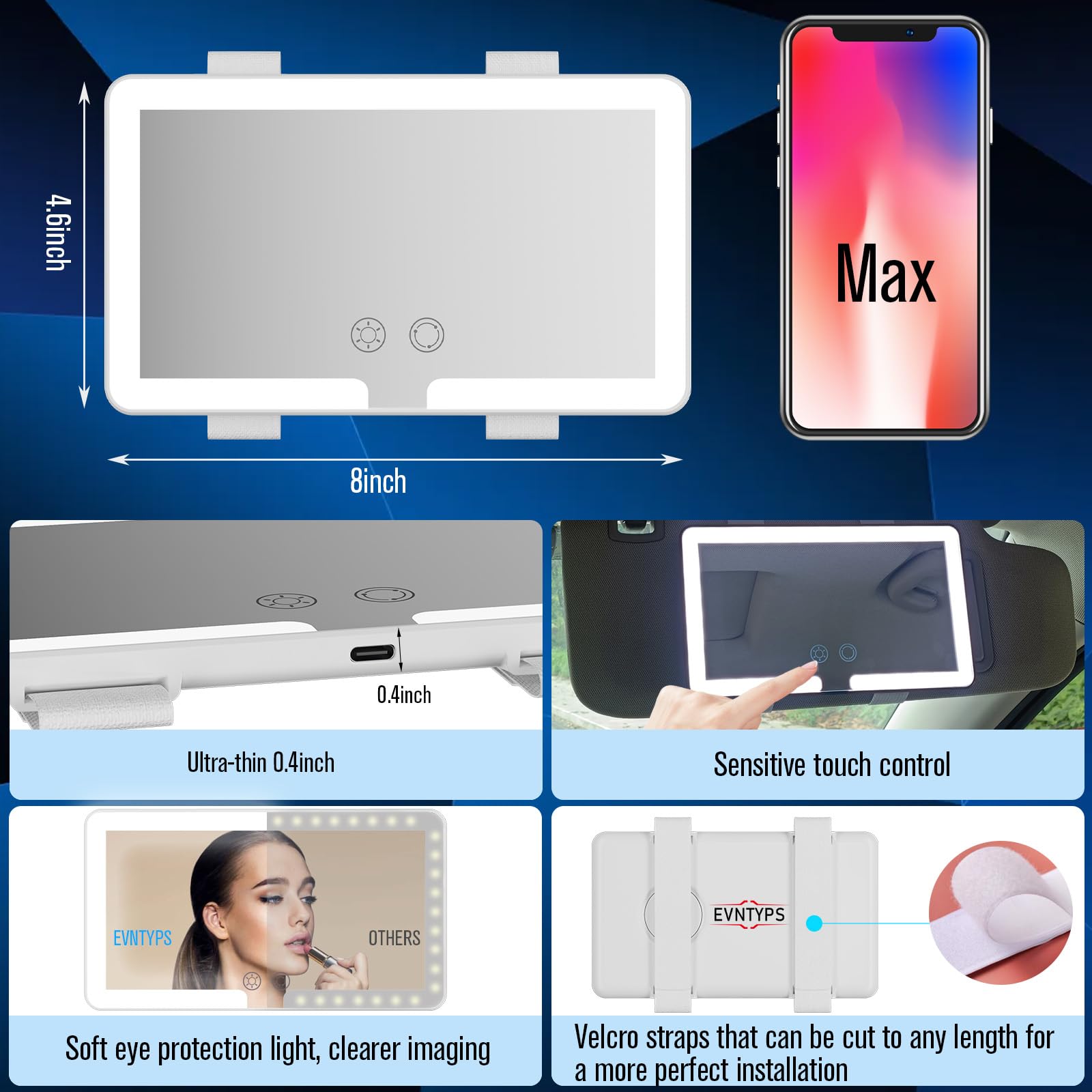 Evntyps Car Vanity Mirror With Light,Rechargeable Car Sun Visor Led Makeup Mirror,Dimmable Touch Control Rear View Sun-Shading C