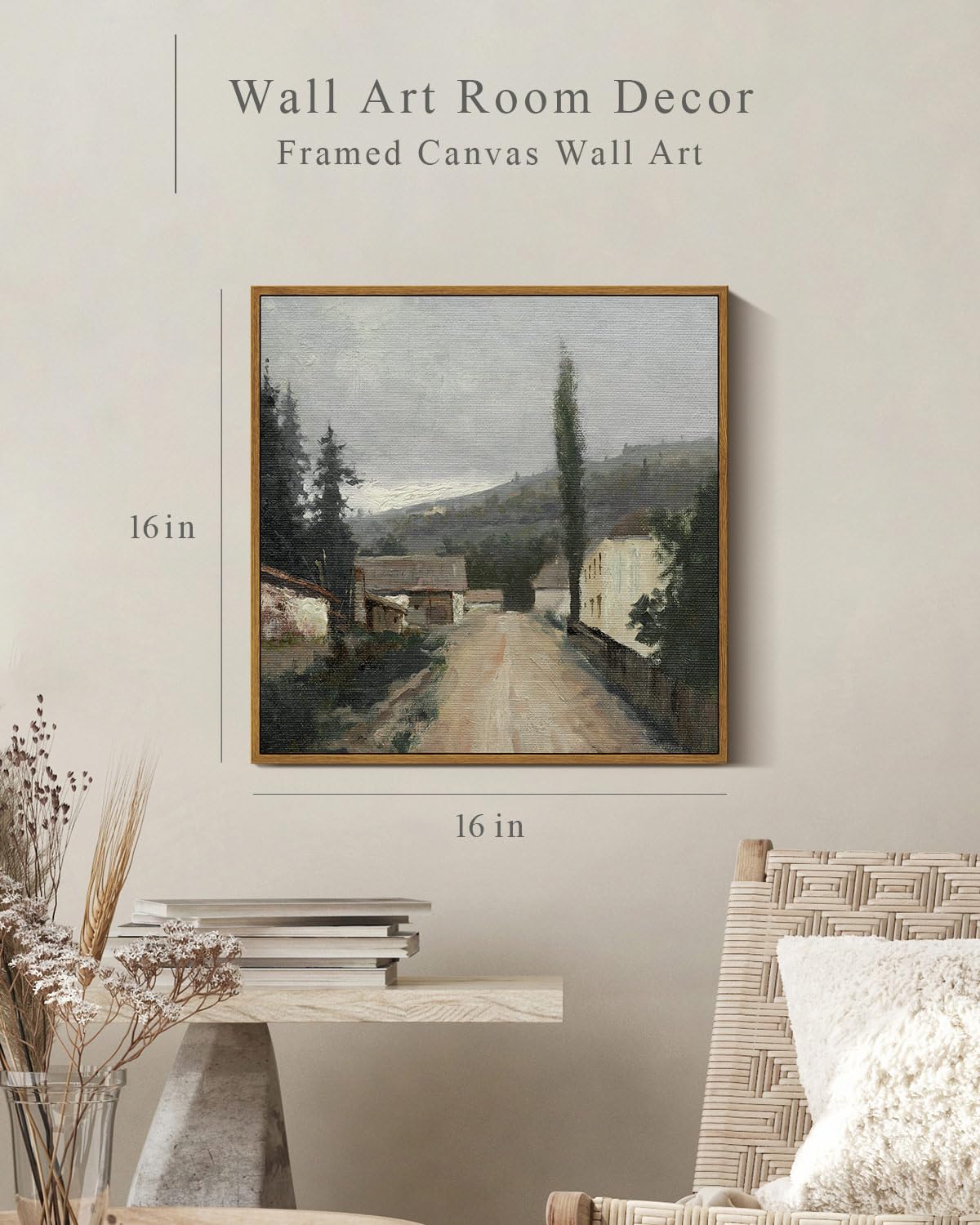 Insimsea Square Framed Canvas Wall Art, Vintage Village Paintings, Rustic Scenery Wall Pictures For Bedroom Bathroom Living Room