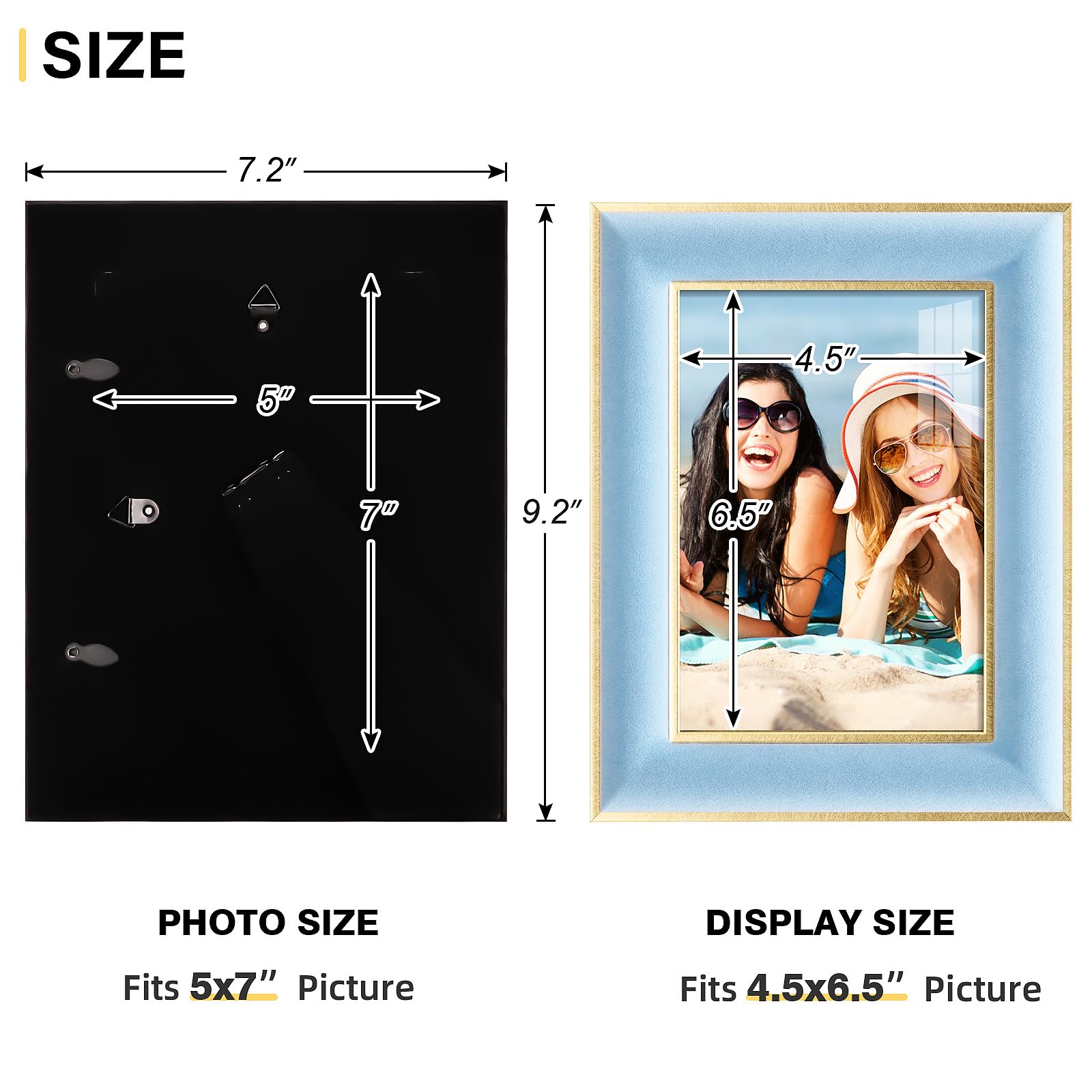 KSROECUD 5x7 Velvet Picture Frame, Spruce Blue Photo Frames with Modern Simple Metallic Gold Border, HD Real Glass Horizontal &