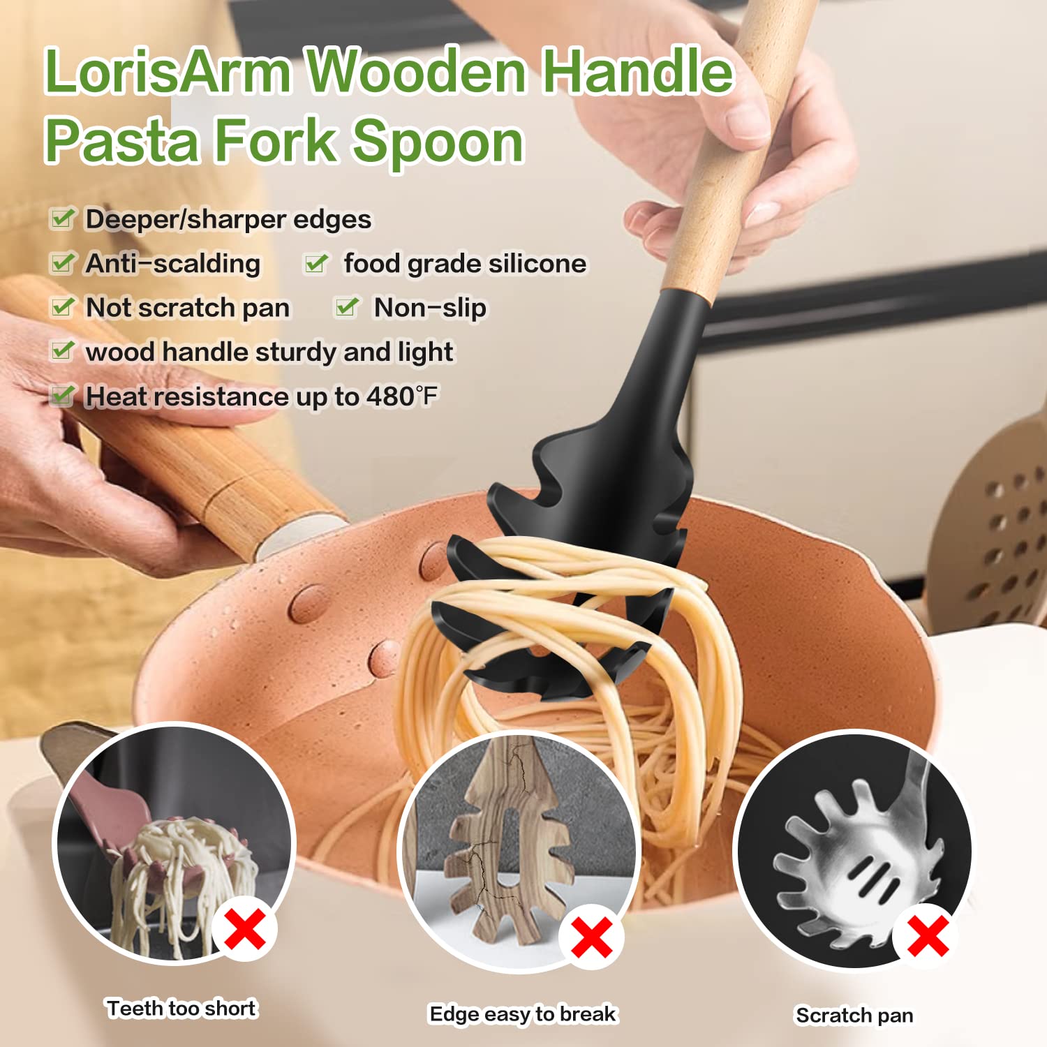 LorisArm Wooden Handle Pasta Fork Spoon, 12" Silicone, BPA Free, Black, Model W-PF-1