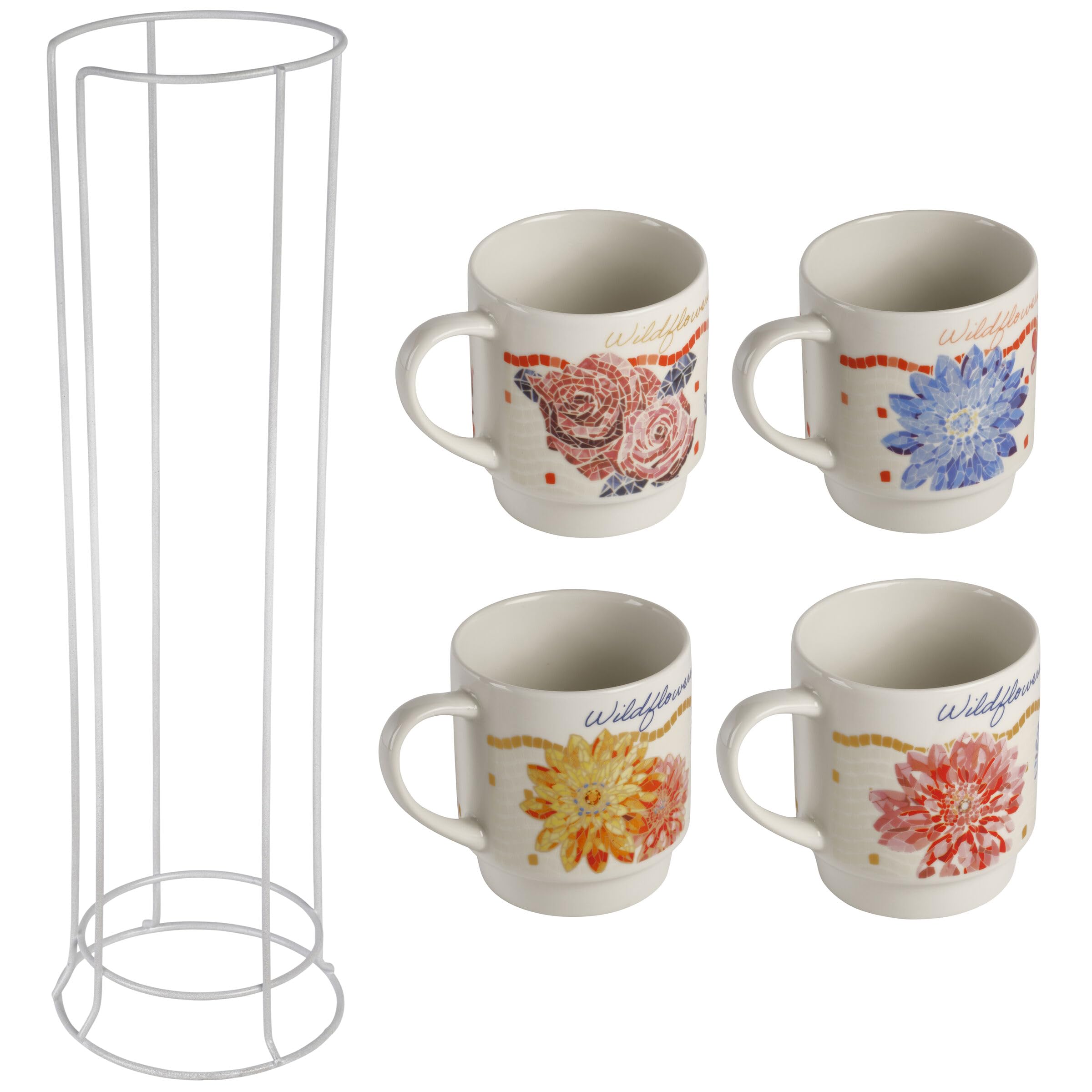 Dolly Parton Set of 4 Jeweled Mosaic Stackable Coffee Tea Porcelain Mugs with Metal Countertop Storage Rack, Mugs Microwave and 