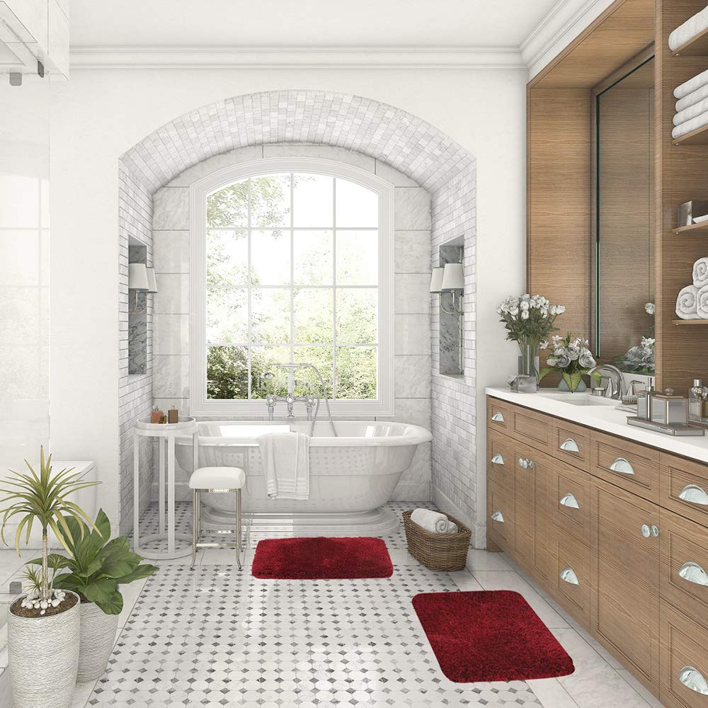 Walensee Shaggy 2 Piece Bath Rug Set, (20 X 32, 2 Pack Set, Red) Bathroom Rug Set Bath Mats For Bathroom Machine Wash/Dry Absorb